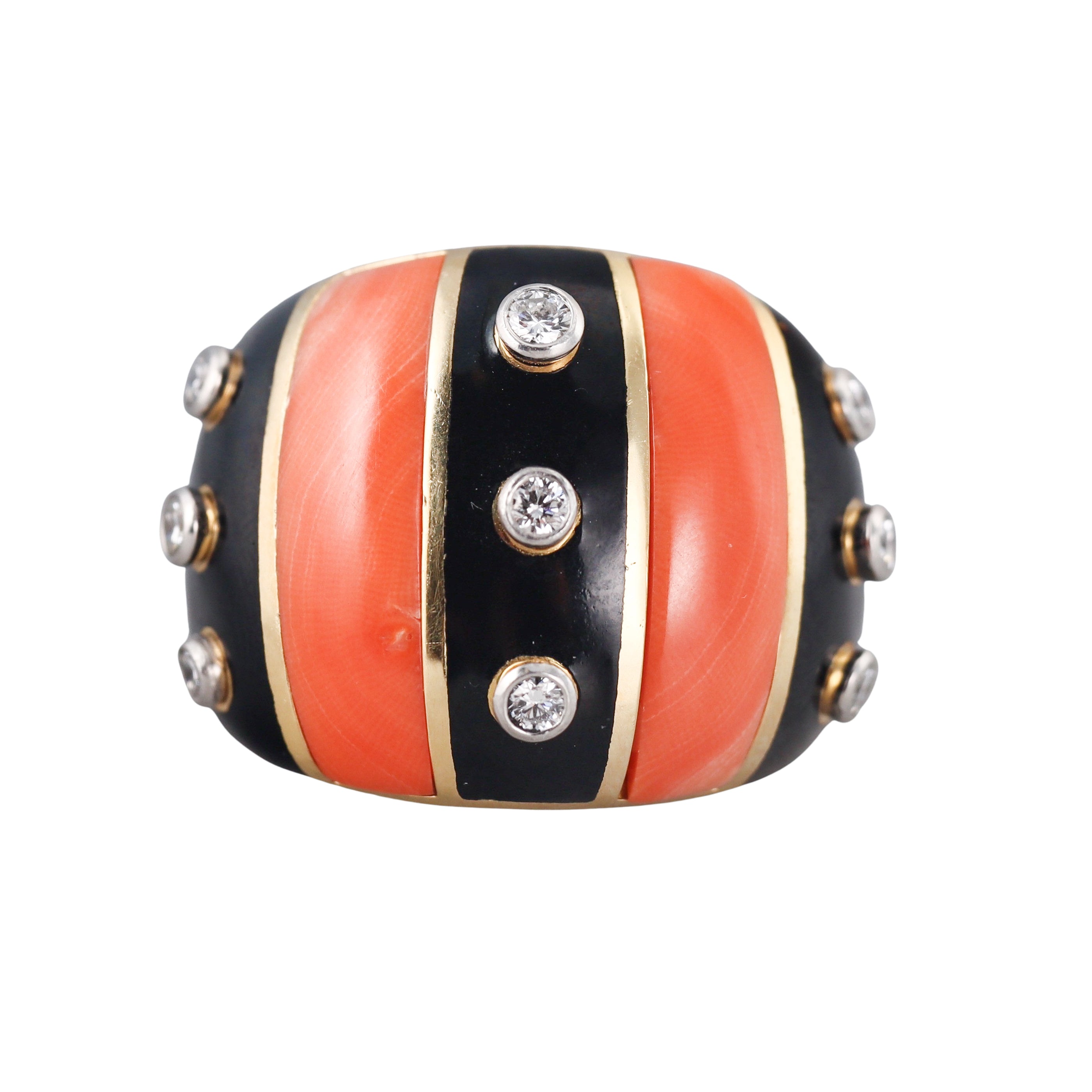 David Webb Coral Enamel Diamond Gold Platinum Ring