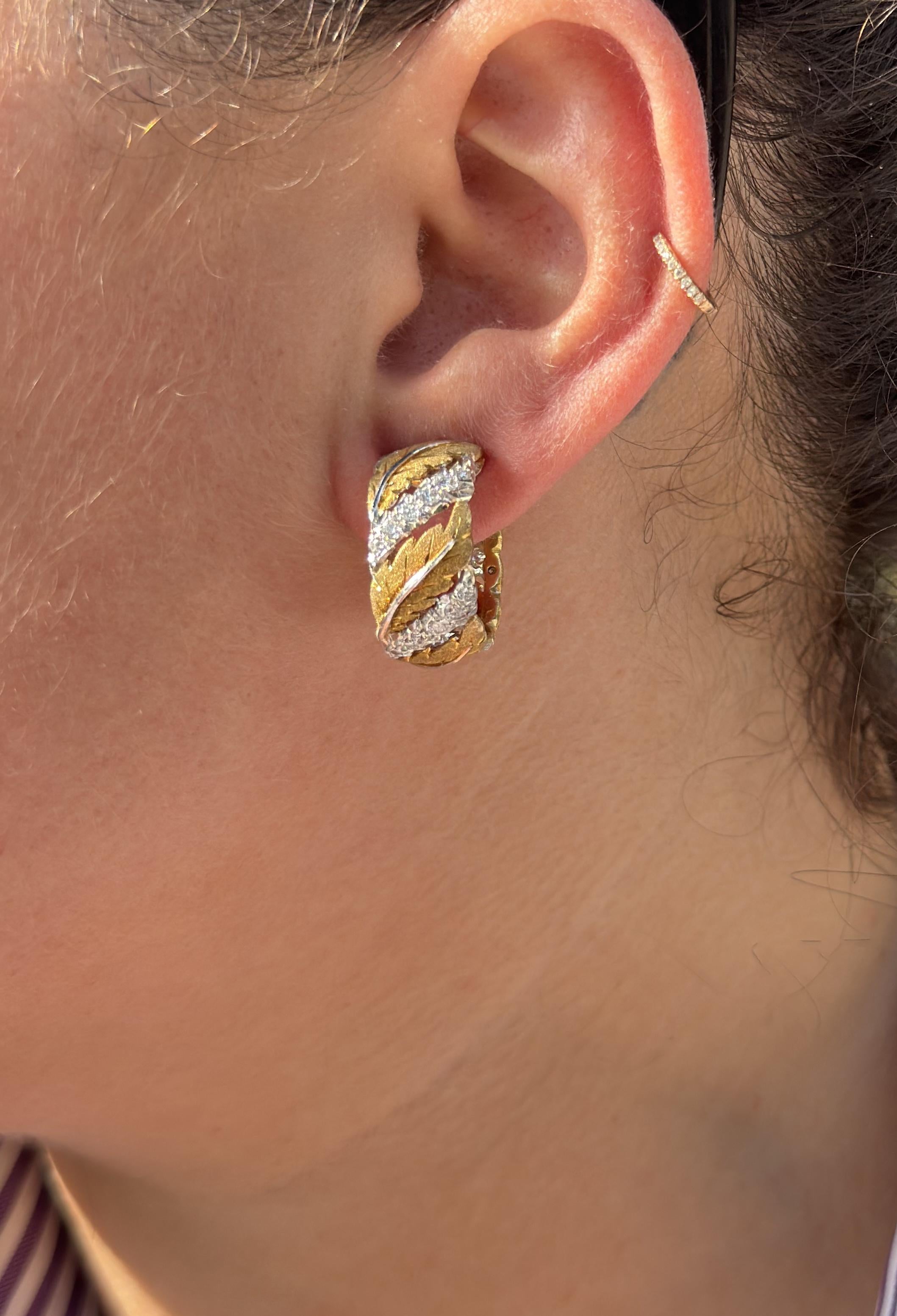 Mario Buccellati Diamond Gold Leaf Hoop Earrings