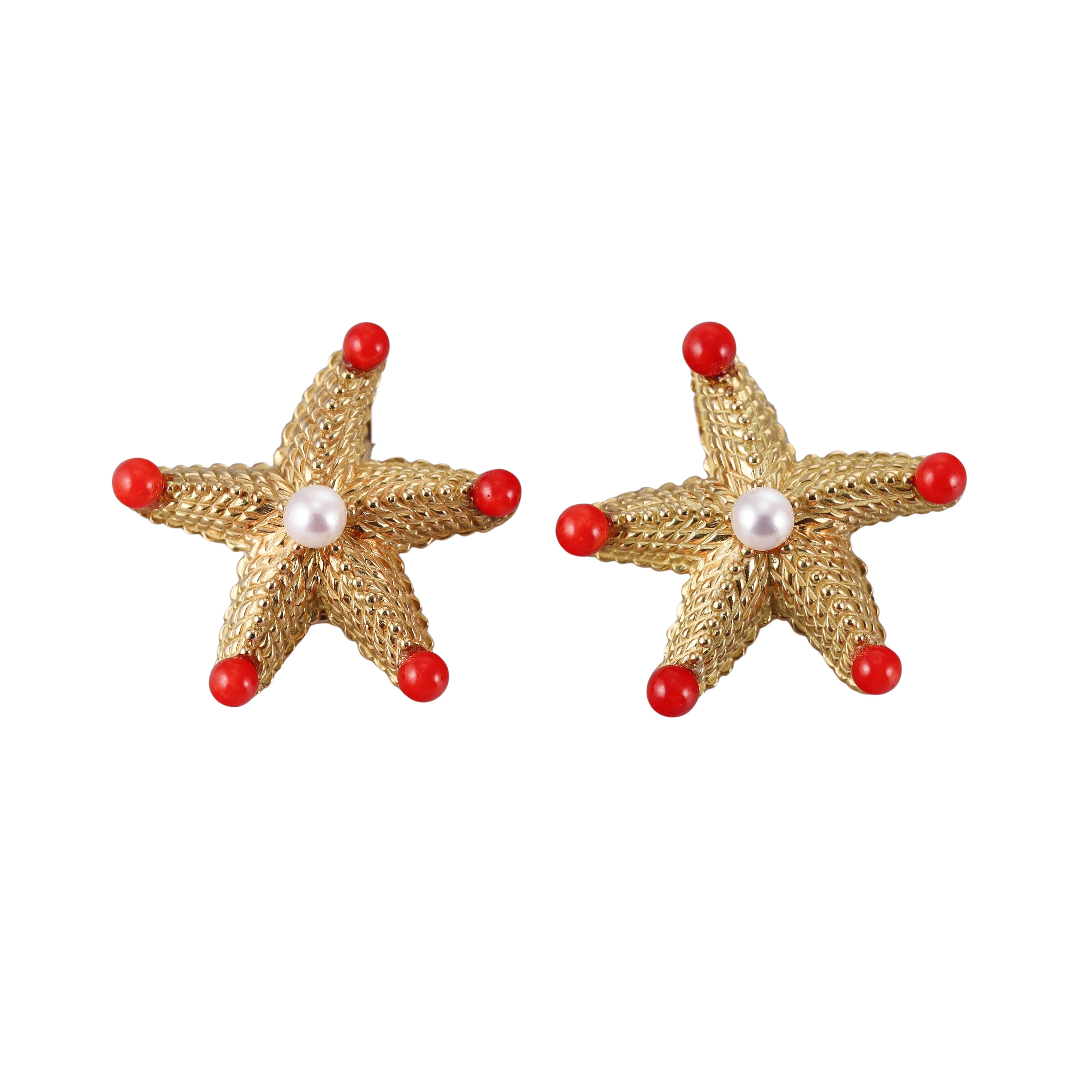 Bielka Coral Pearl Gold Starfish Earrings