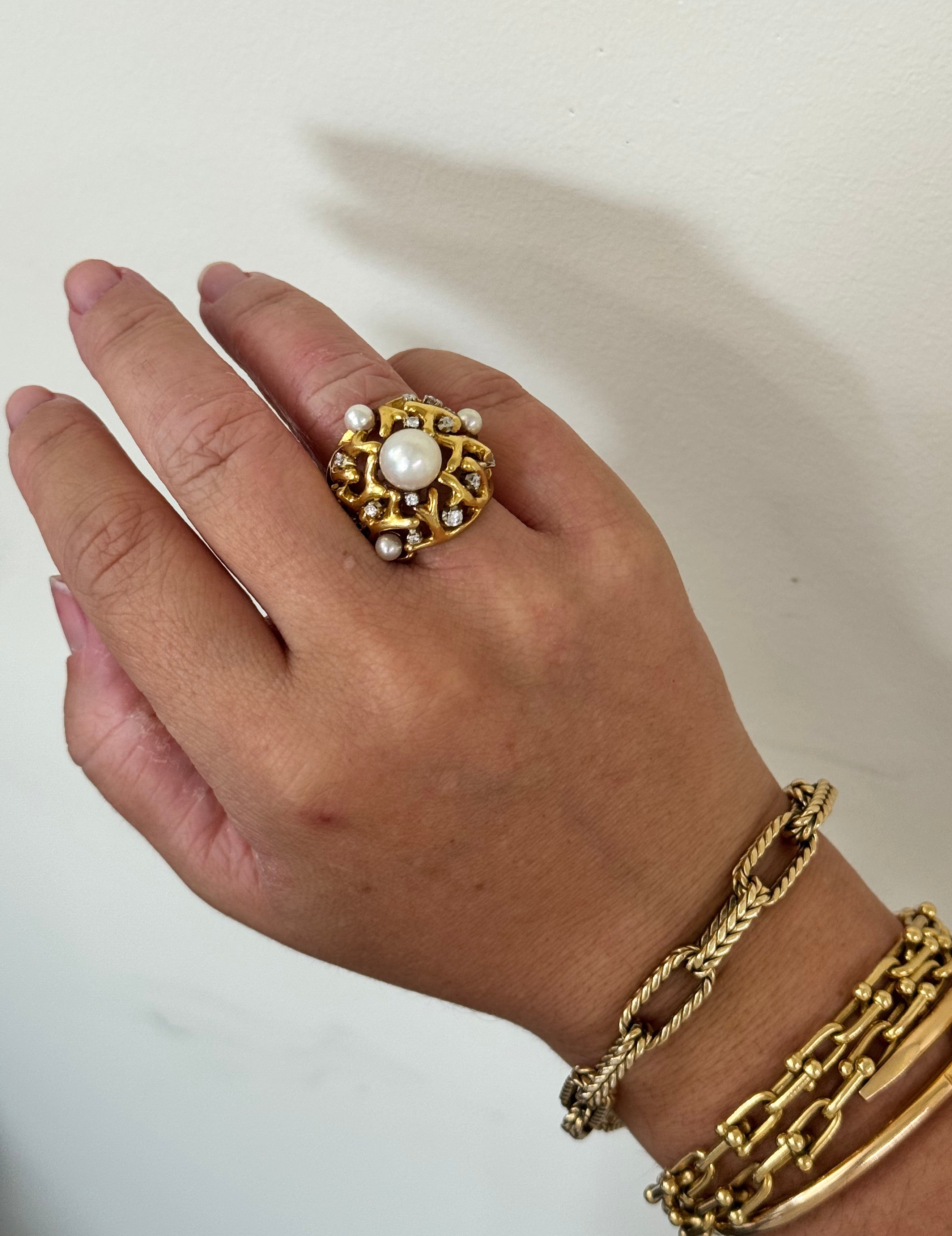 Tiffany & Co Vintage Pearl Diamond Gold Dome Ring