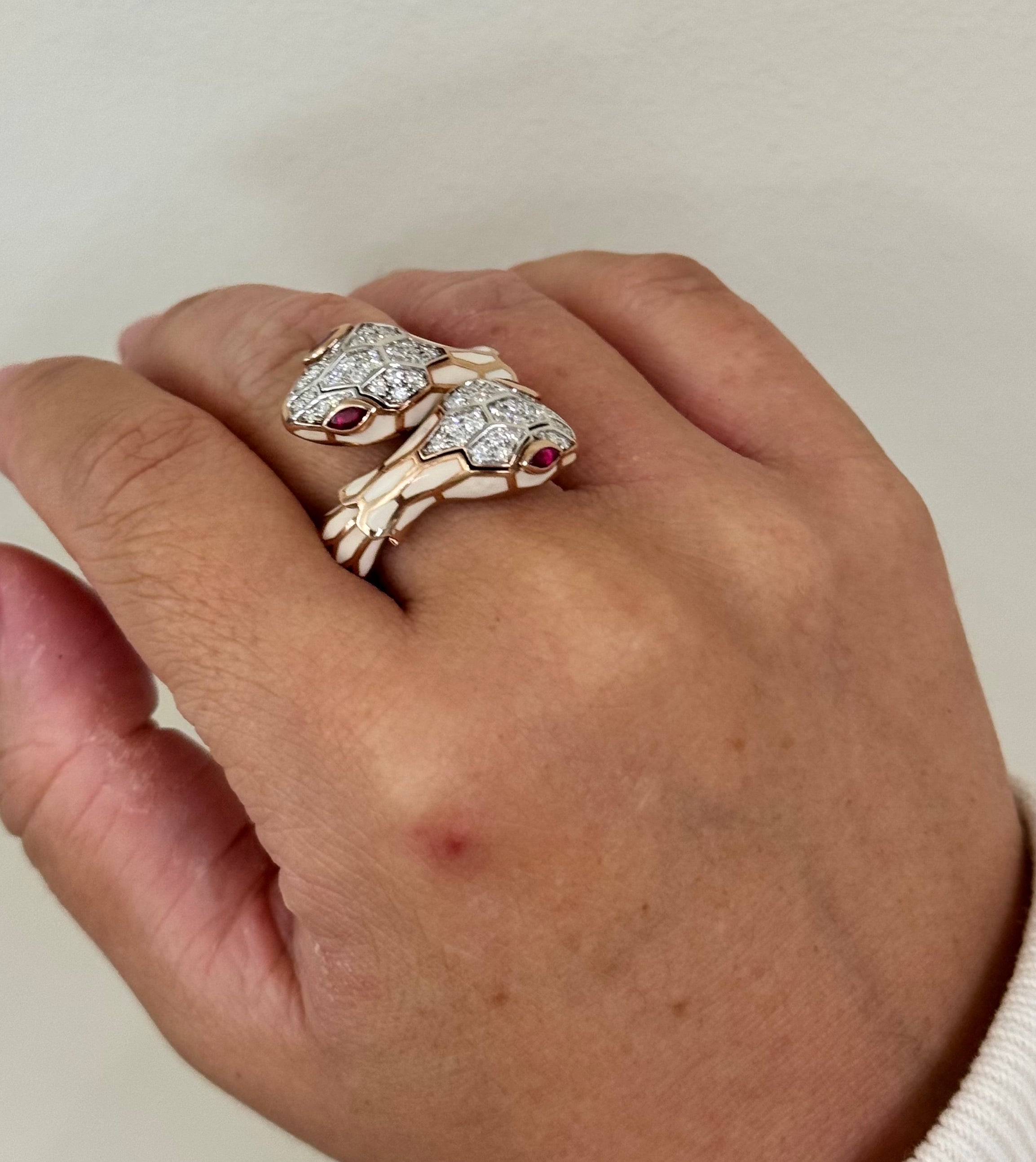 Alexis NY Rose Gold Silver Enamel Diamond Ruby Snake Ring