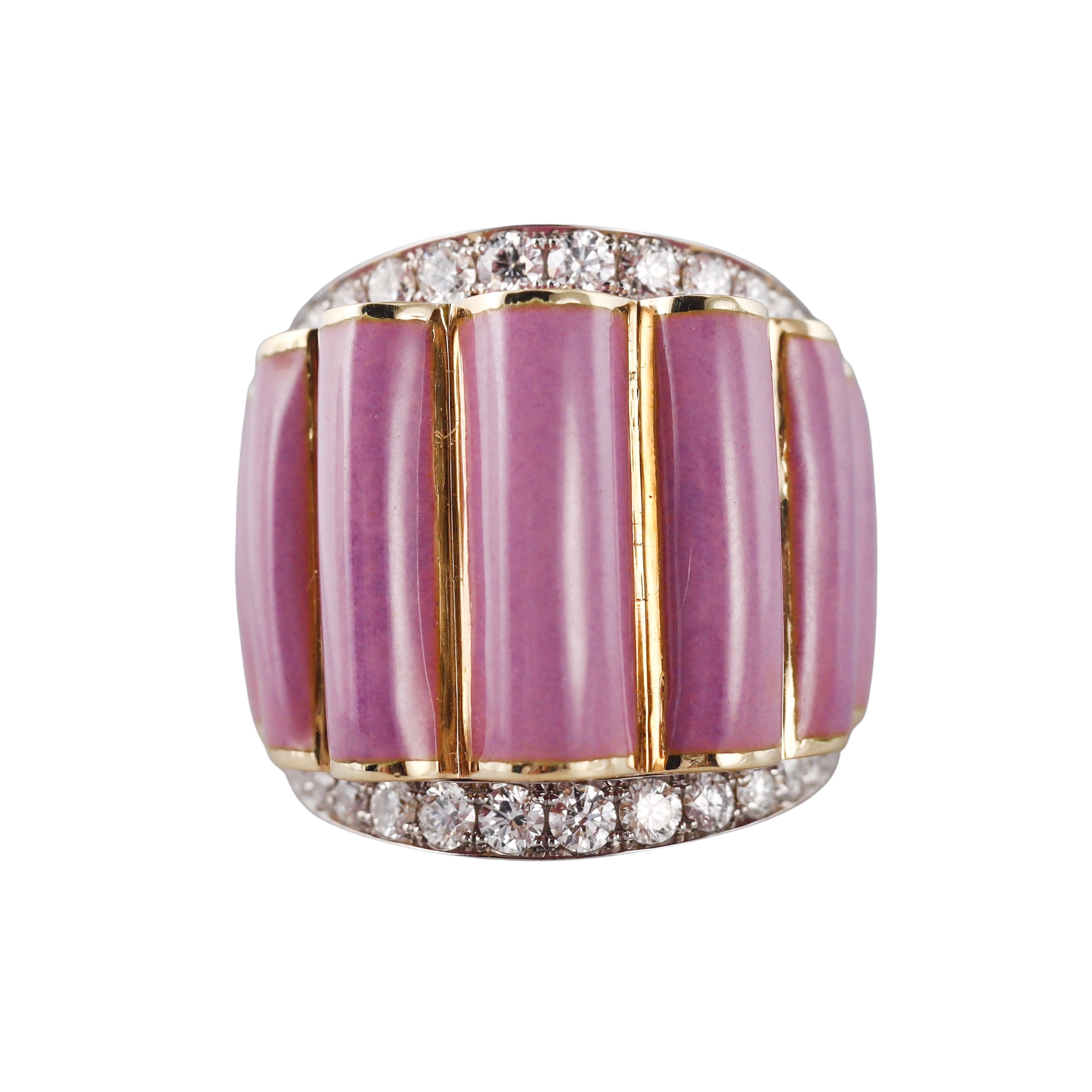 David Webb Pink Enamel Diamond Gold Platinum Scallop Ring