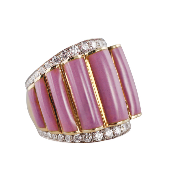 David Webb Pink Enamel Diamond Gold Platinum Scallop Ring