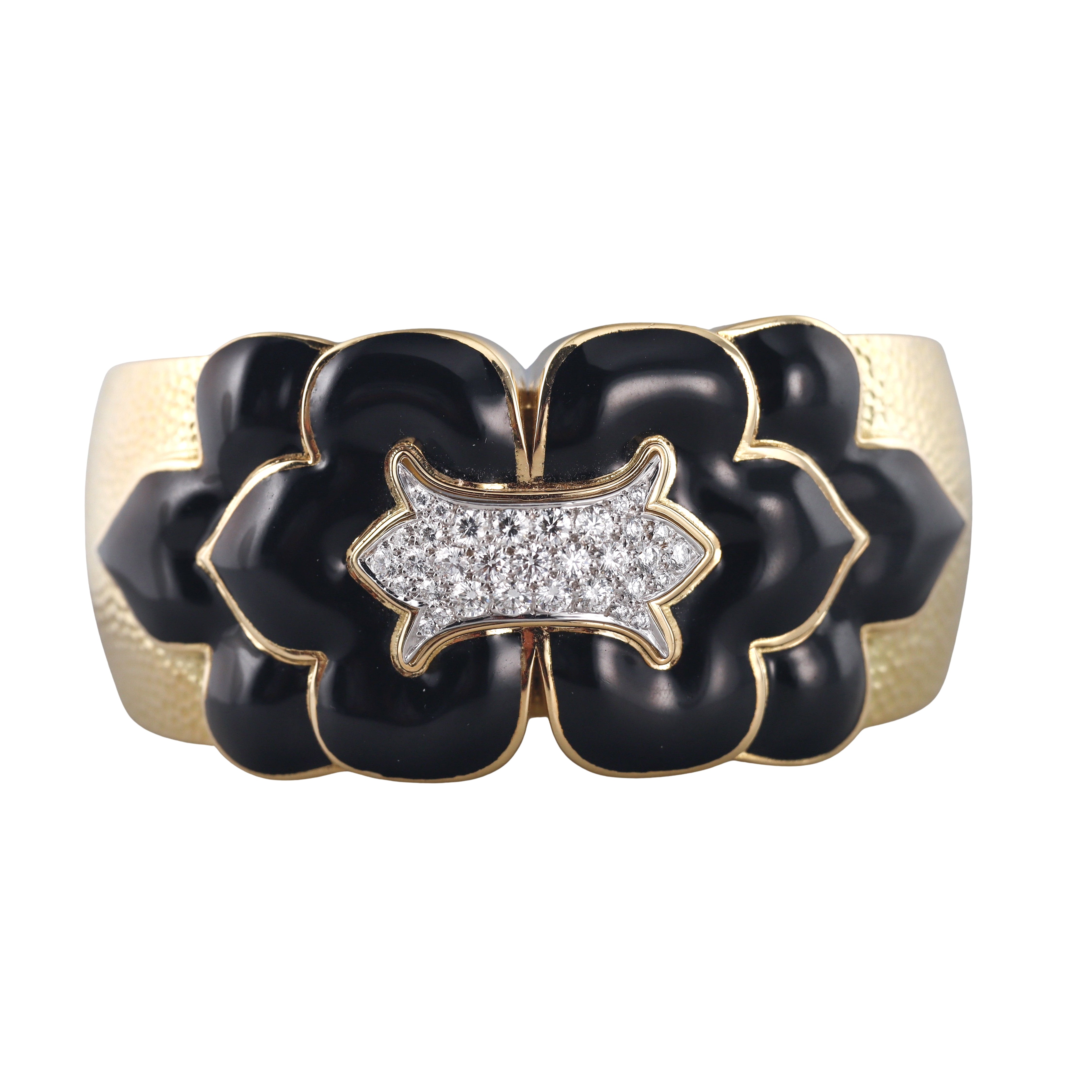 David Webb Trefoil Black Enamel Diamond Gold Platinum Cuff Bracelet