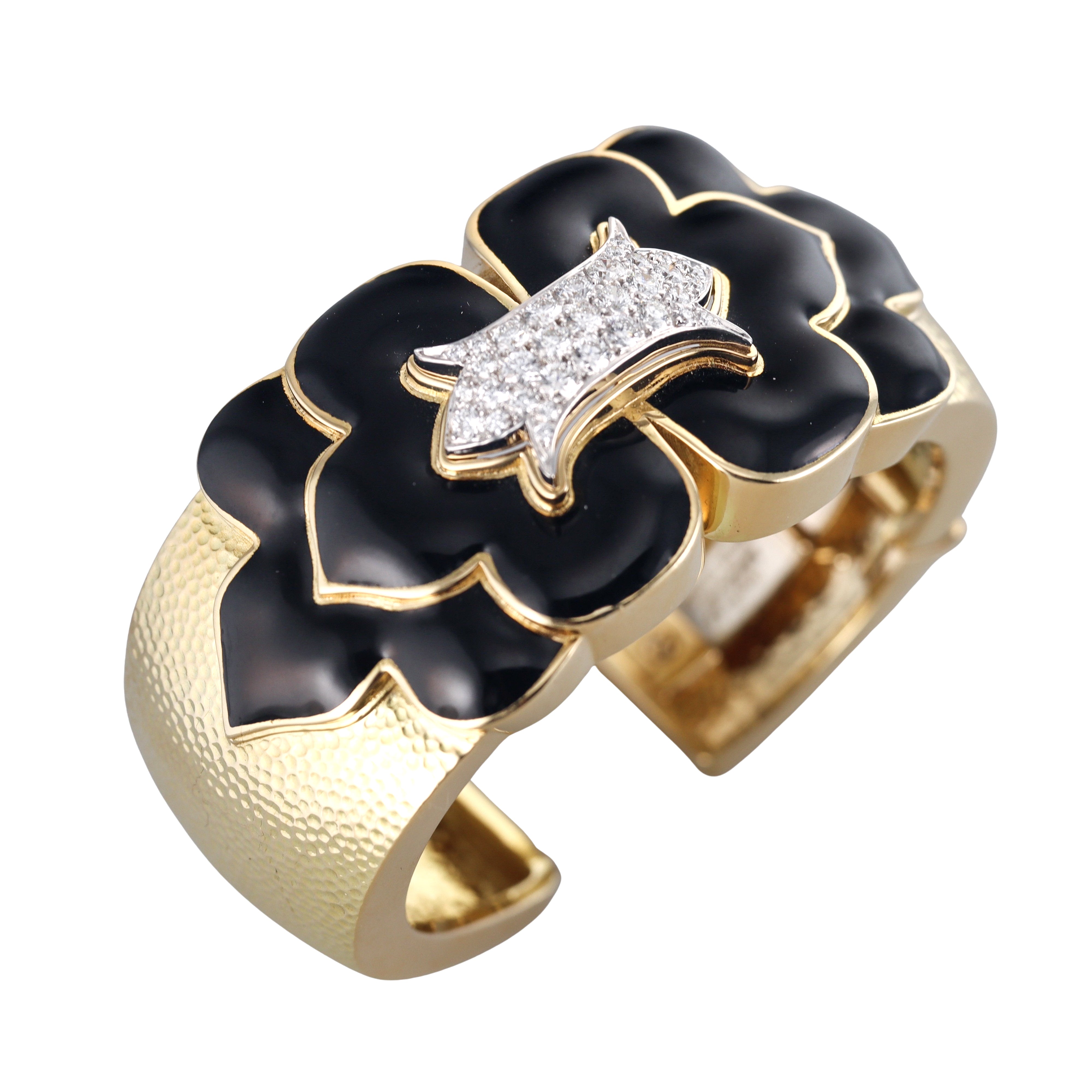 David Webb Trefoil Black Enamel Diamond Gold Platinum Cuff Bracelet