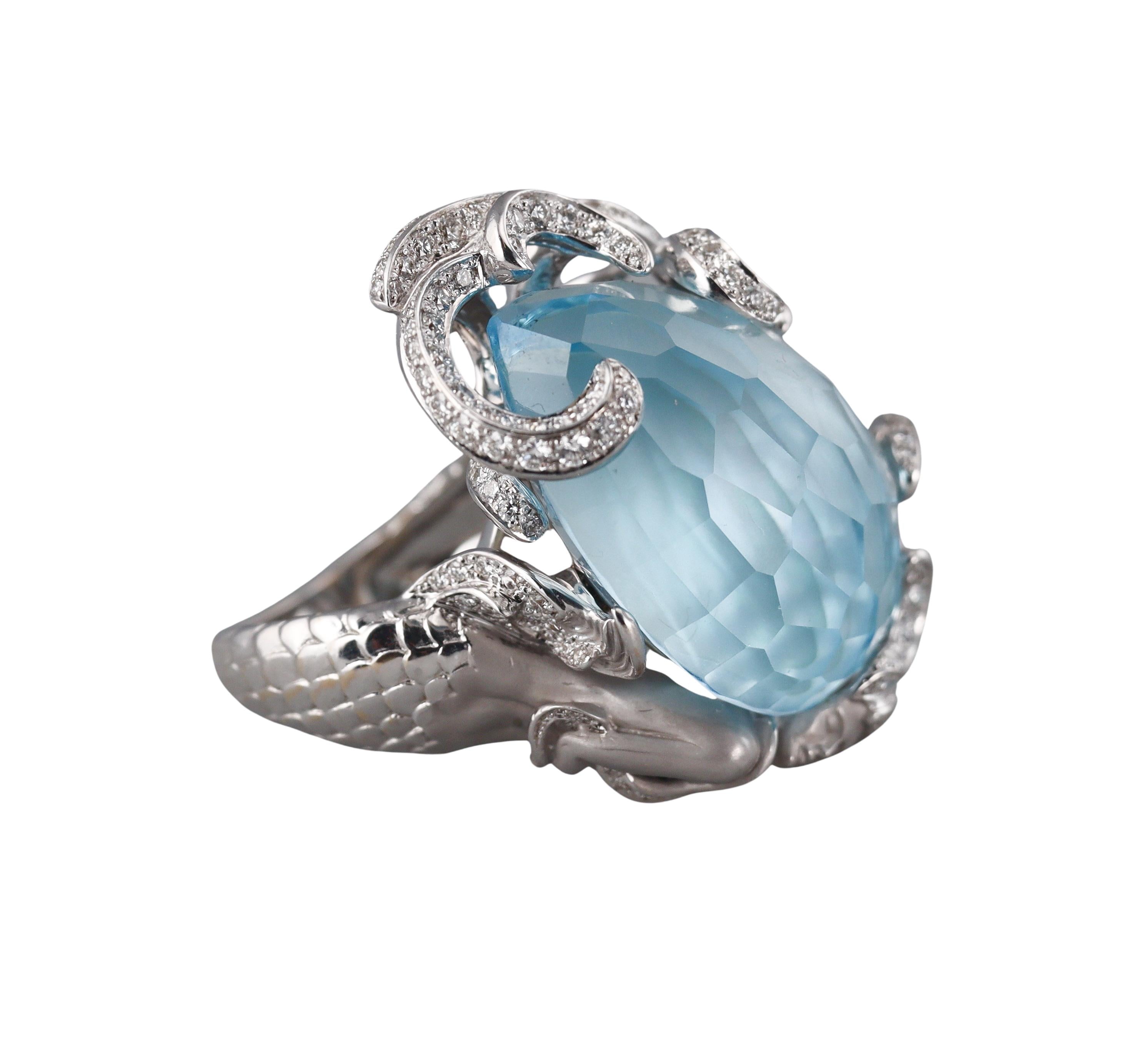 Carrera y Carrera Sirena Ola Atlantis Blue Topaz Diamond Gold Ring