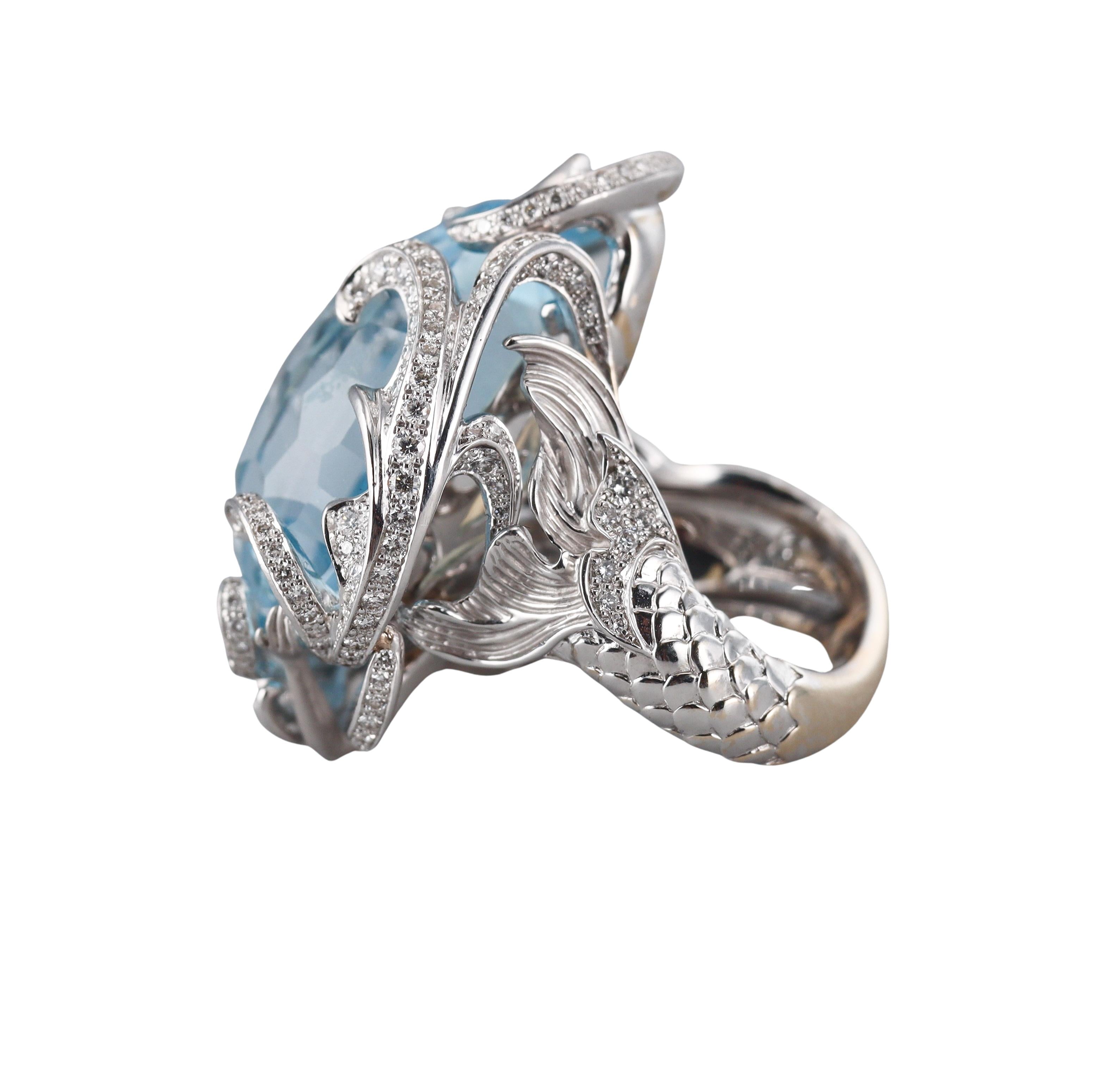 Carrera y Carrera Sirena Ola Atlantis Blue Topaz Diamond Gold Ring