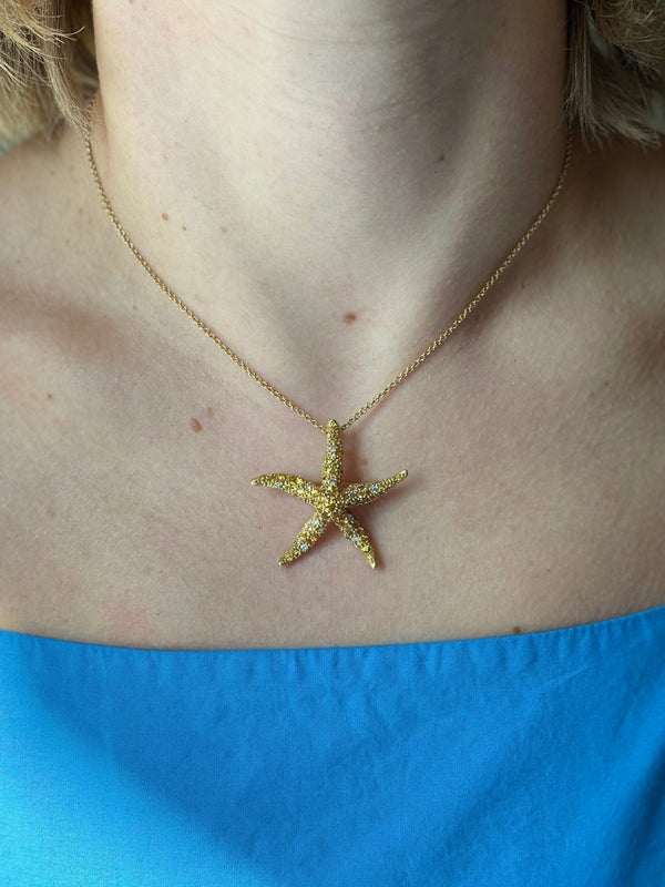 Yellow Sapphire Diamond Starfish Gold Pendant Brooch Necklace