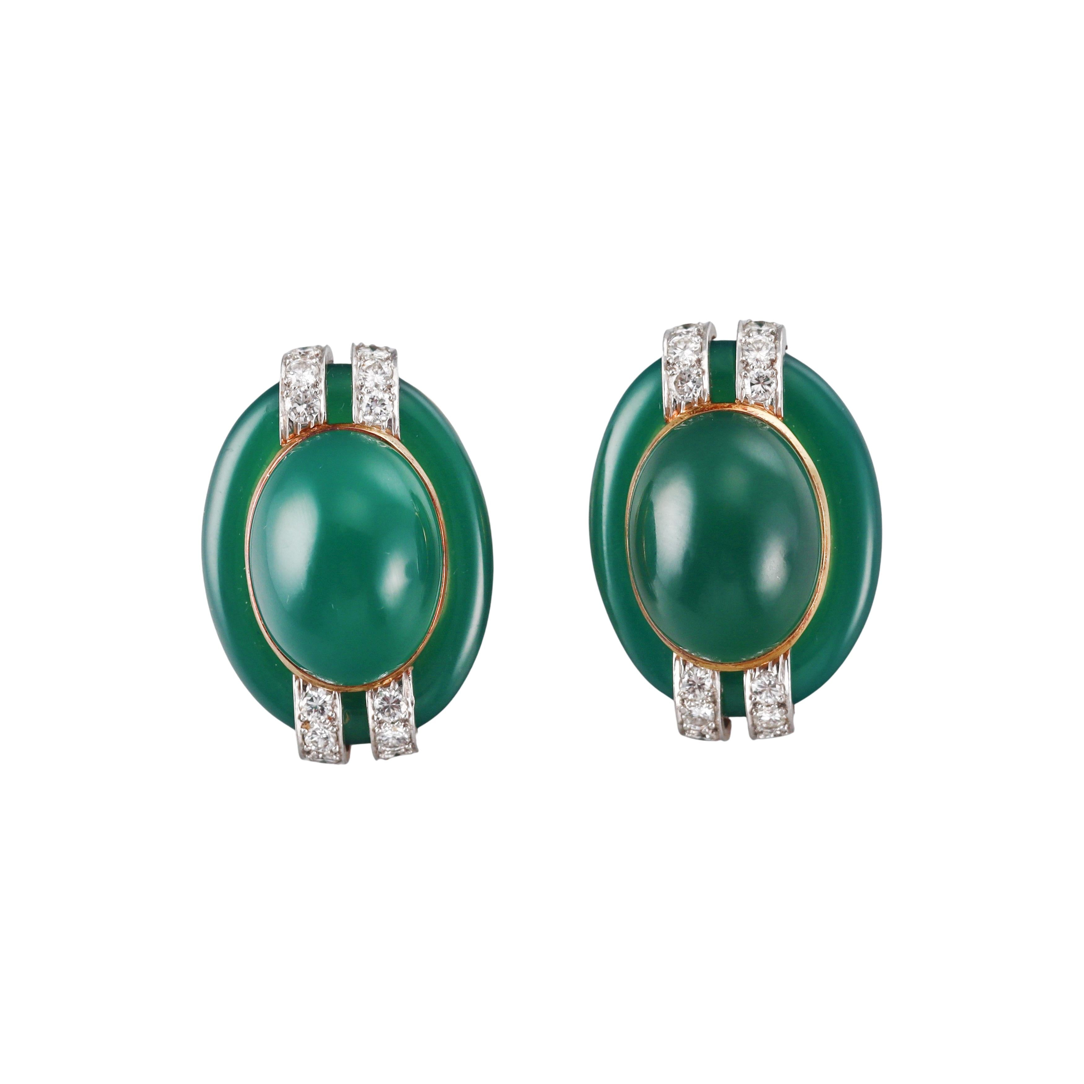 David Webb Chrysoprase Diamond Gold Platinum Earrings