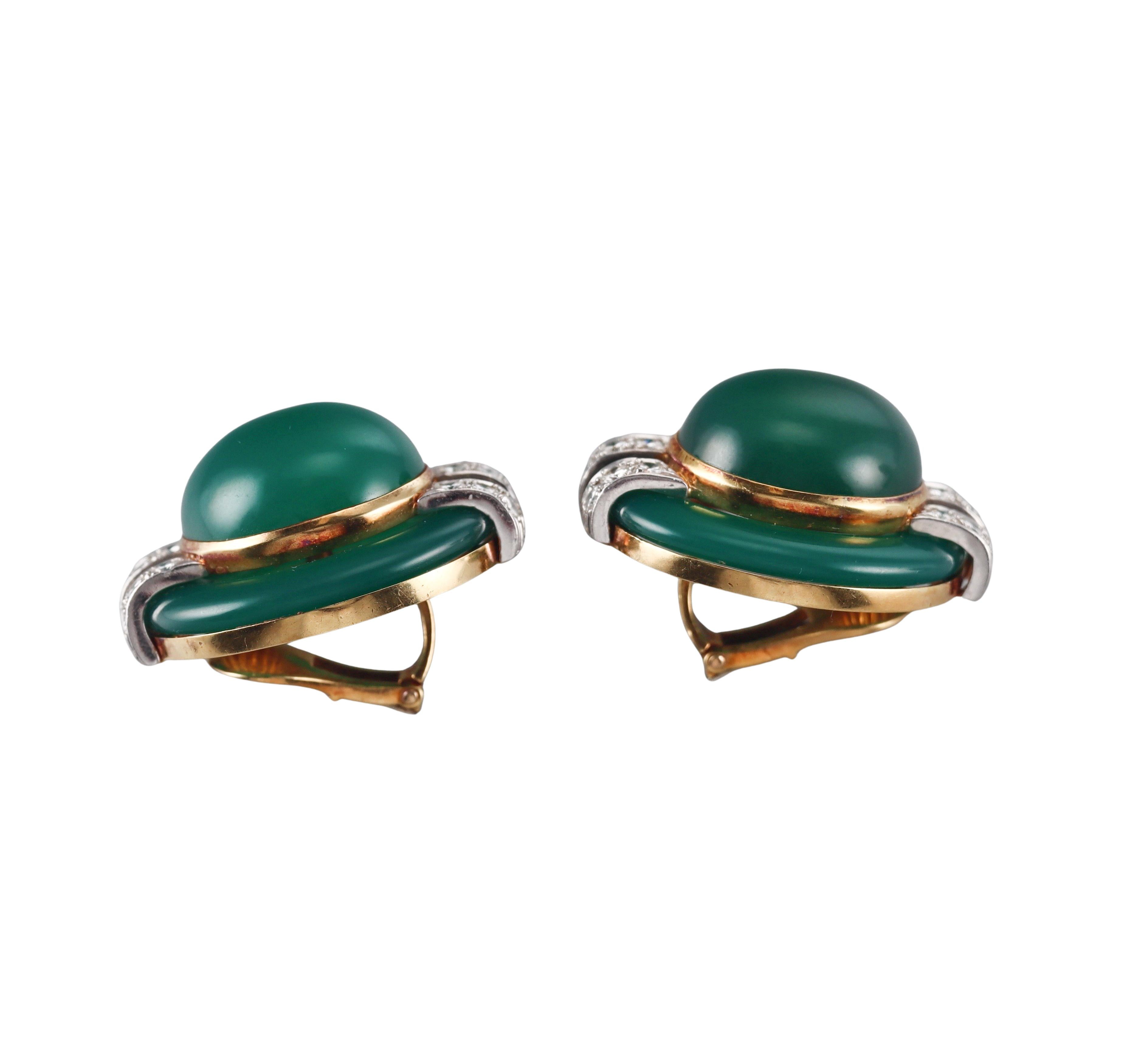 David Webb Chrysoprase Diamond Gold Platinum Earrings