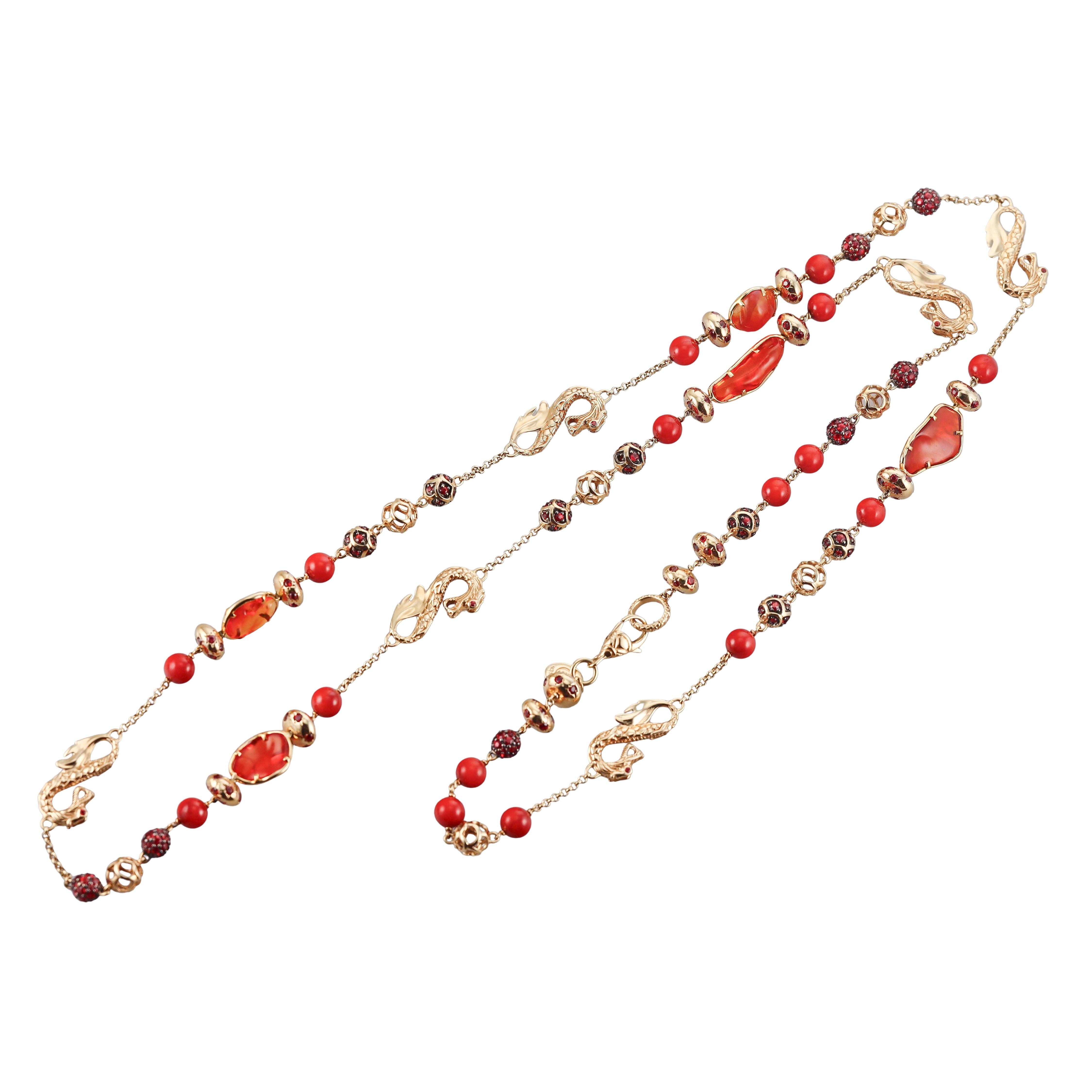 John Hardy Naga Fire Opal Orange Sapphire Coral Gold Long Necklace