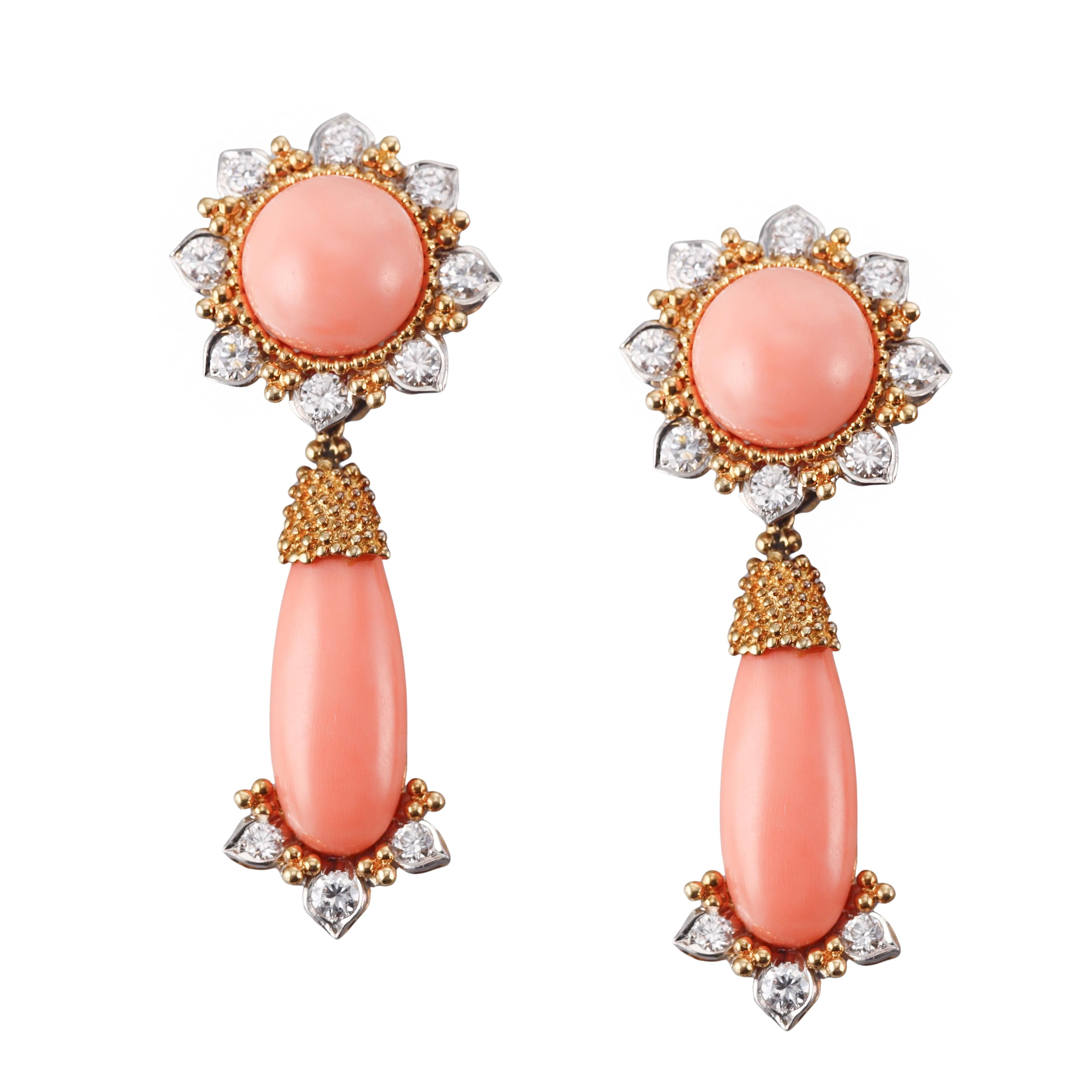 Vintage Coral Diamond Gold Night & Day Cocktail Earrings