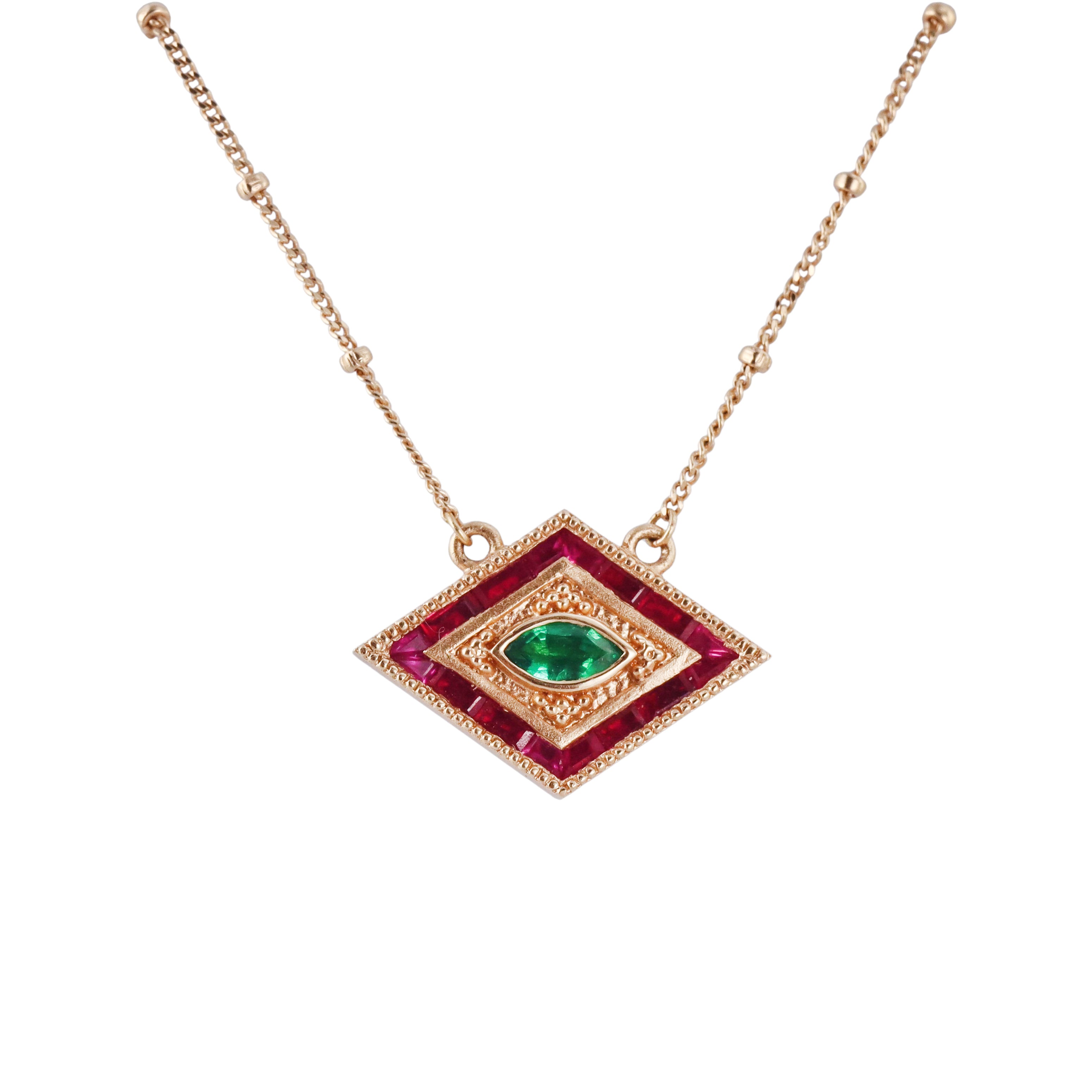 Orly Marcel Gold Ruby Emerald Ajna Pendant Necklace