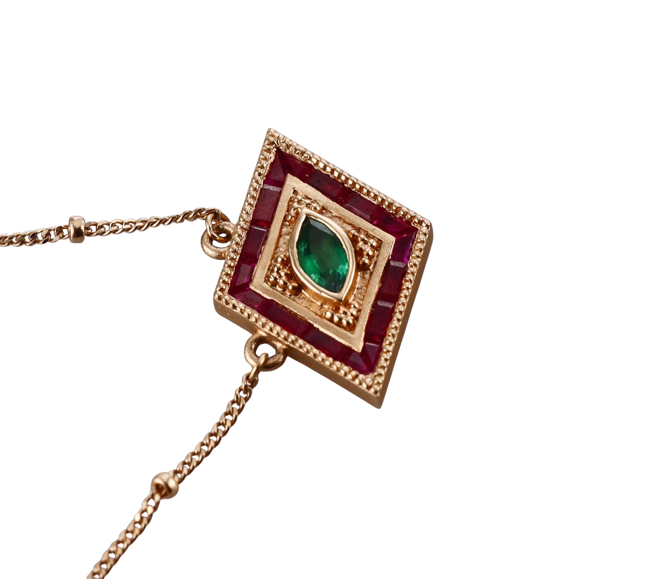 Orly Marcel Gold Ruby Emerald Ajna Pendant Necklace