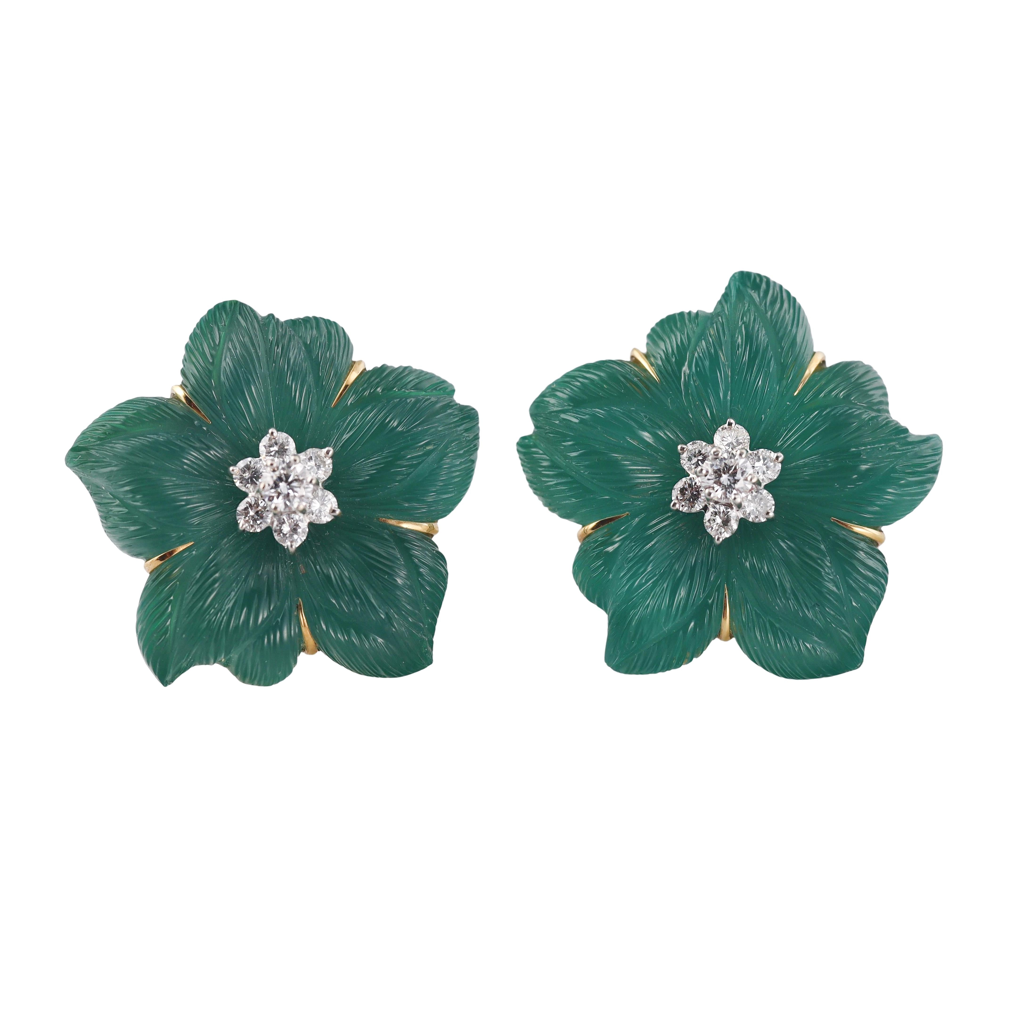 Seaman Schepps Clematis Chrysoprase Diamond Gold Flower Earrings