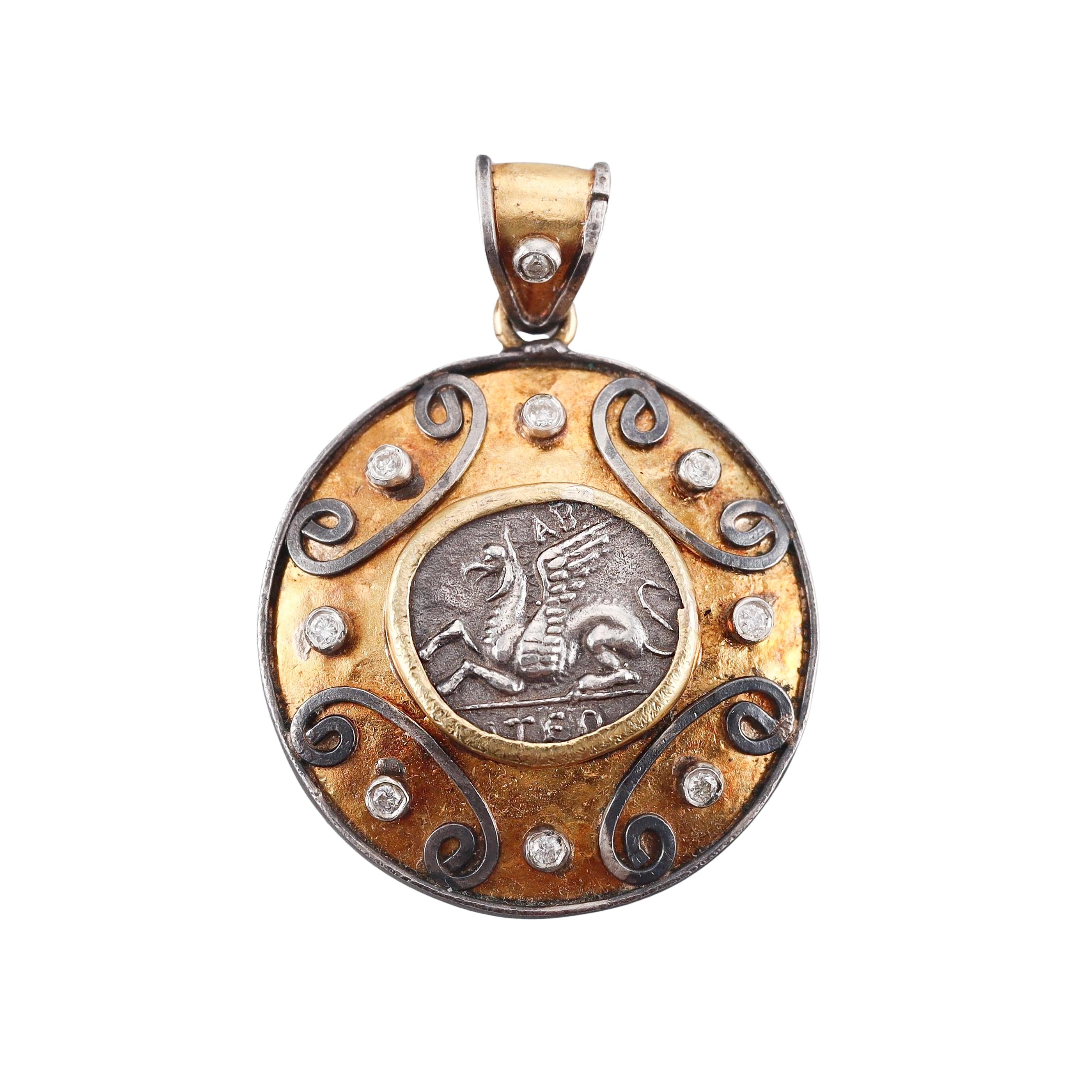 Ancient Inspired Silver Gold Diamond Pegasus Pendant