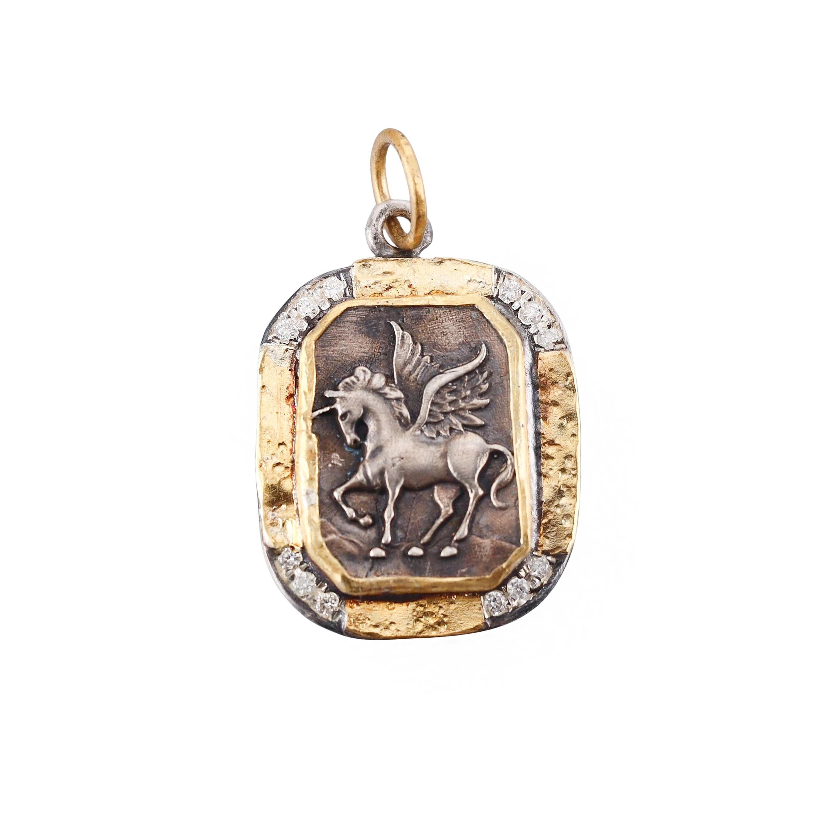 Ancient Inspired Silver Gold Diamond Pegasus Pendant