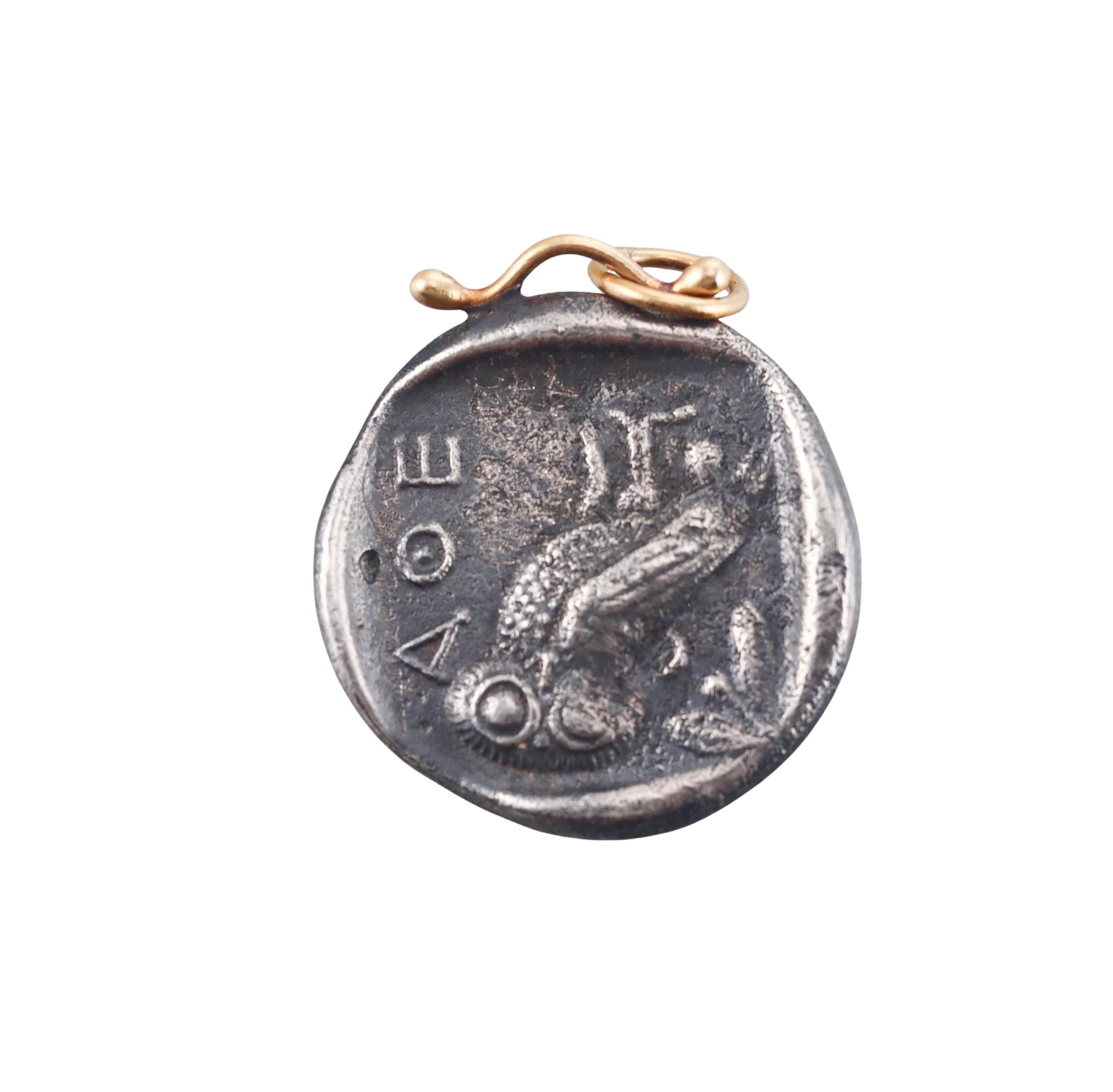 Ancient Inspired Gold Silver Diamond Athenian Owl Athena Reversible Pendant