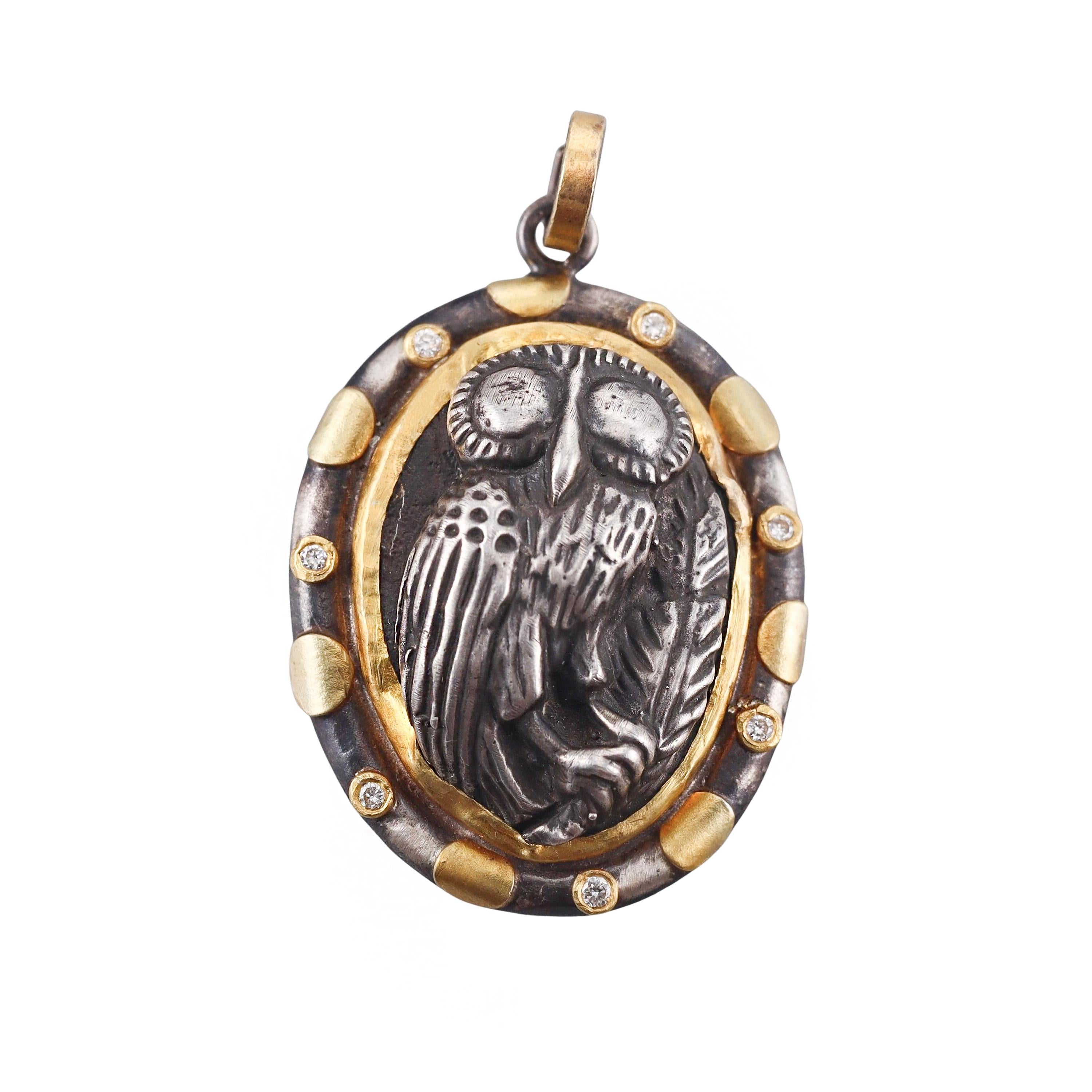 Ancient Inspired Gold Silver Diamond Athena Owl Pendant