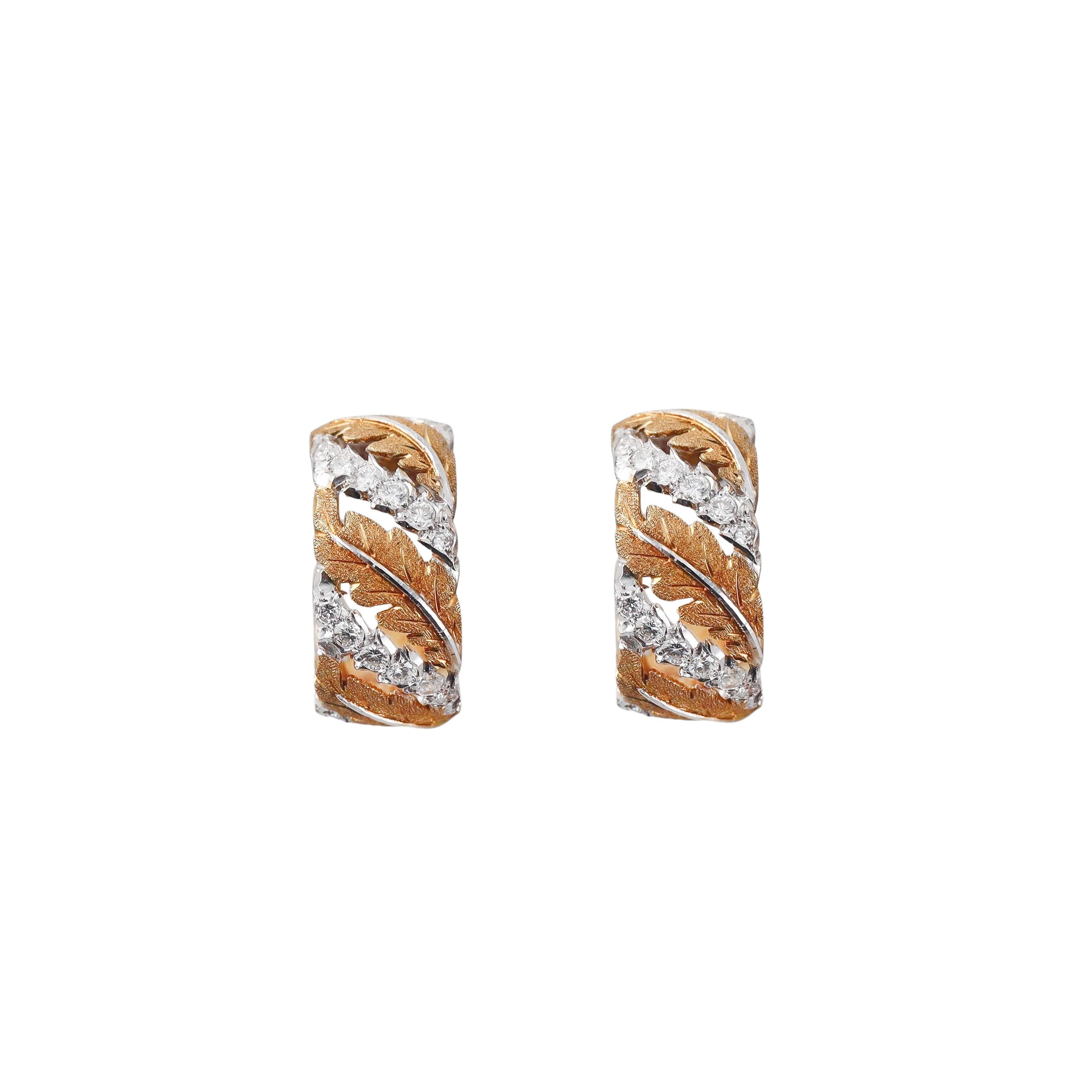 Mario Buccellati Diamond Gold Leaf Hoop Earrings