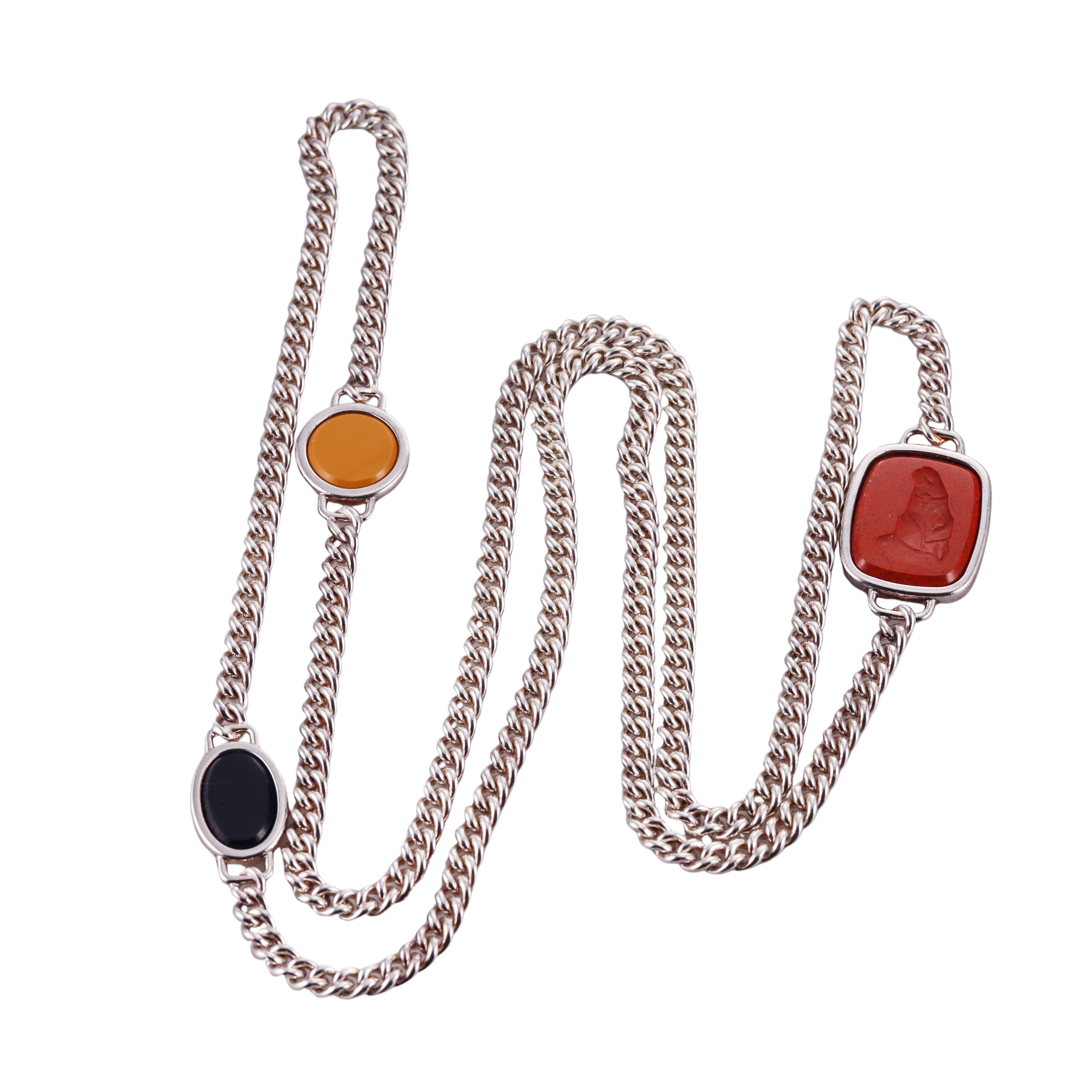 Hermes Jasper Intaglio Onyx Silver Long Station Necklace