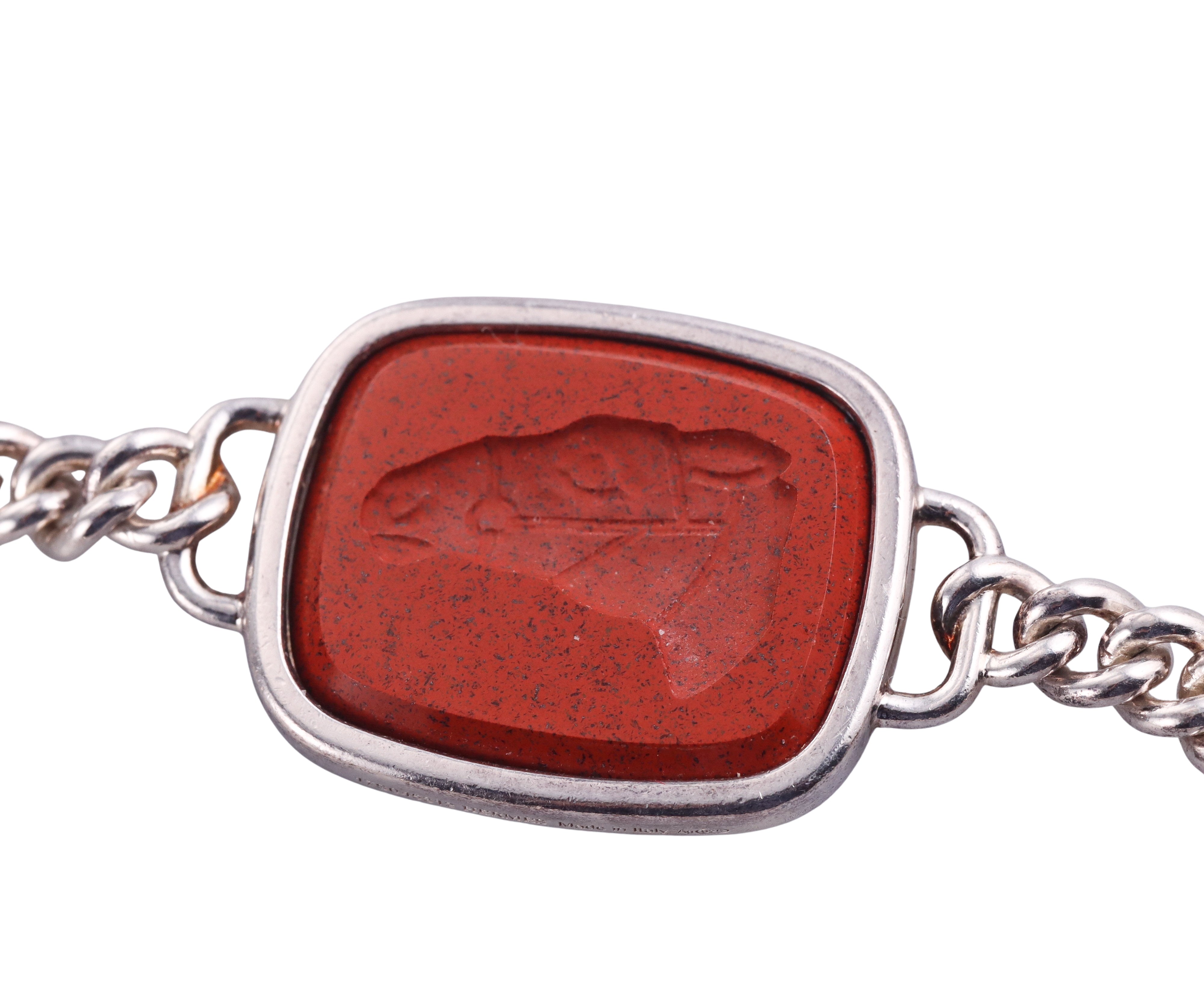 Hermes Jasper Intaglio Onyx Silver Long Station Necklace