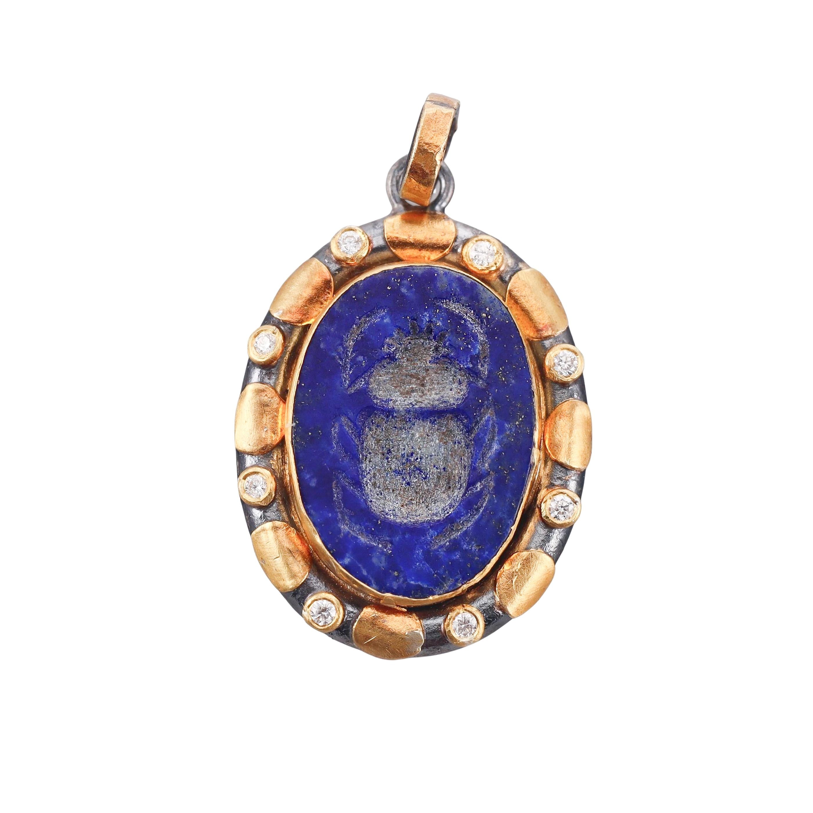 Ancient Inspired Silver Gold Diamond Lapis Intaglio Scarab Bug Pendant