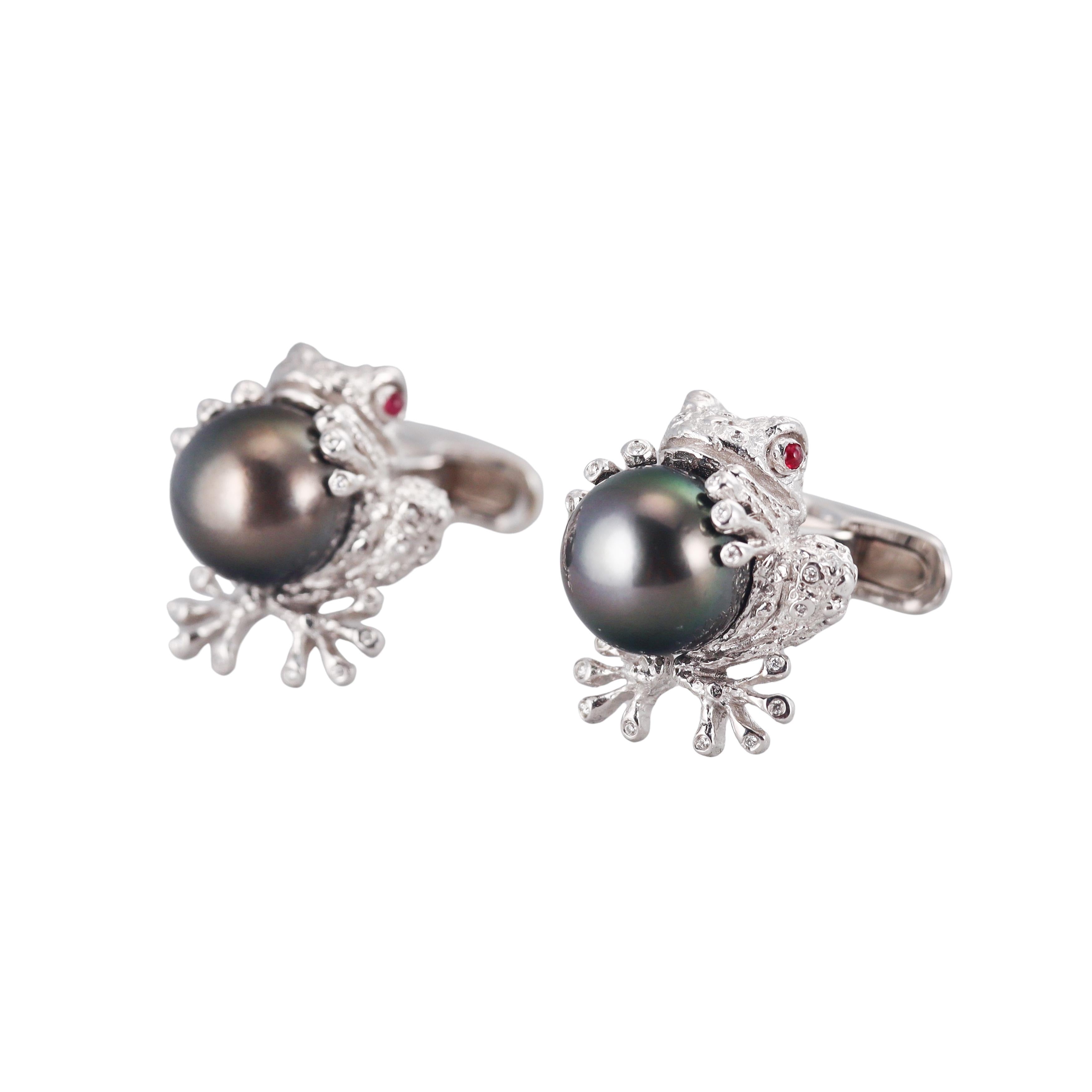 Stefano Ricci Black South Sea Pearl Diamond Ruby Gold Frog Cufflinks