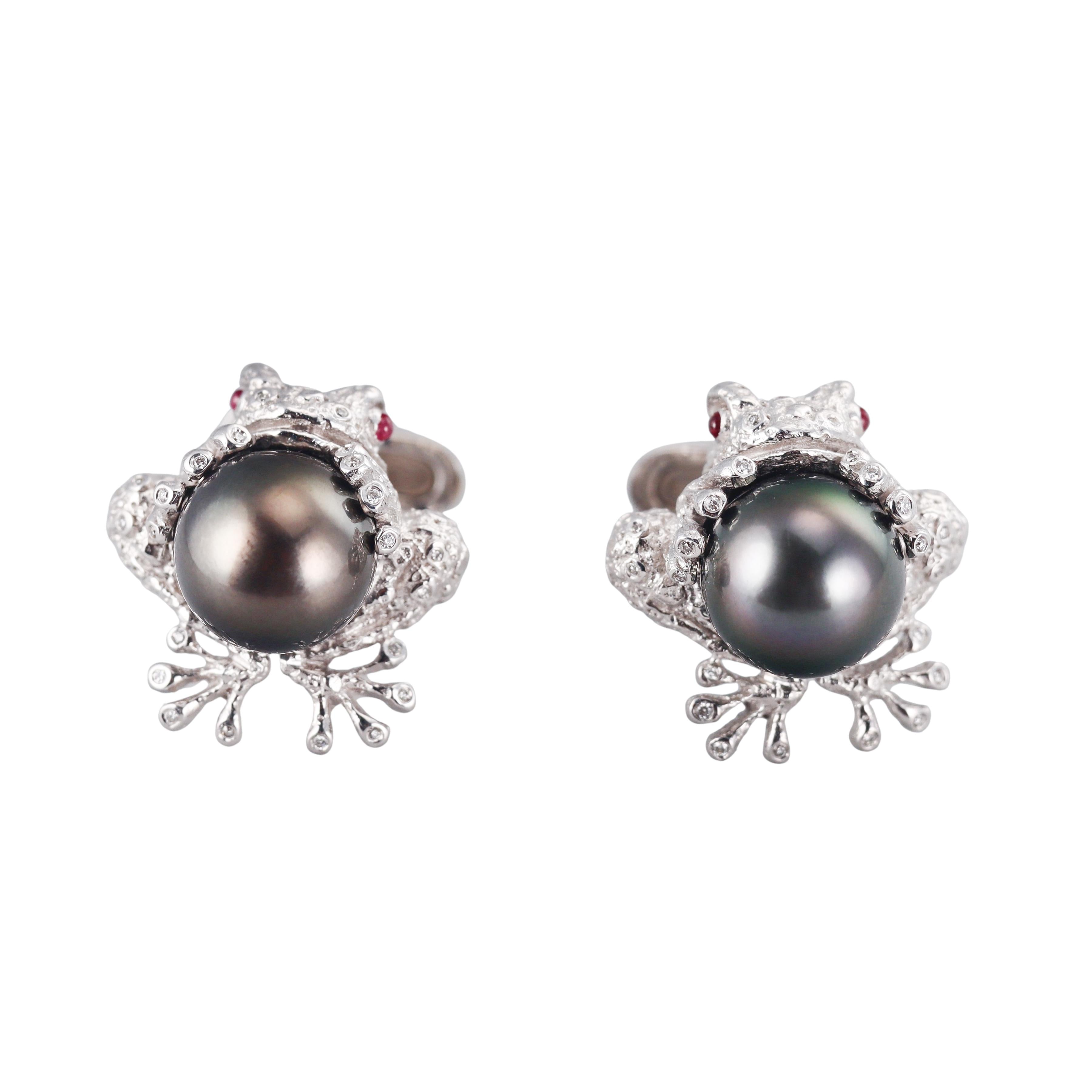 Stefano Ricci Black South Sea Pearl Diamond Ruby Gold Frog Cufflinks