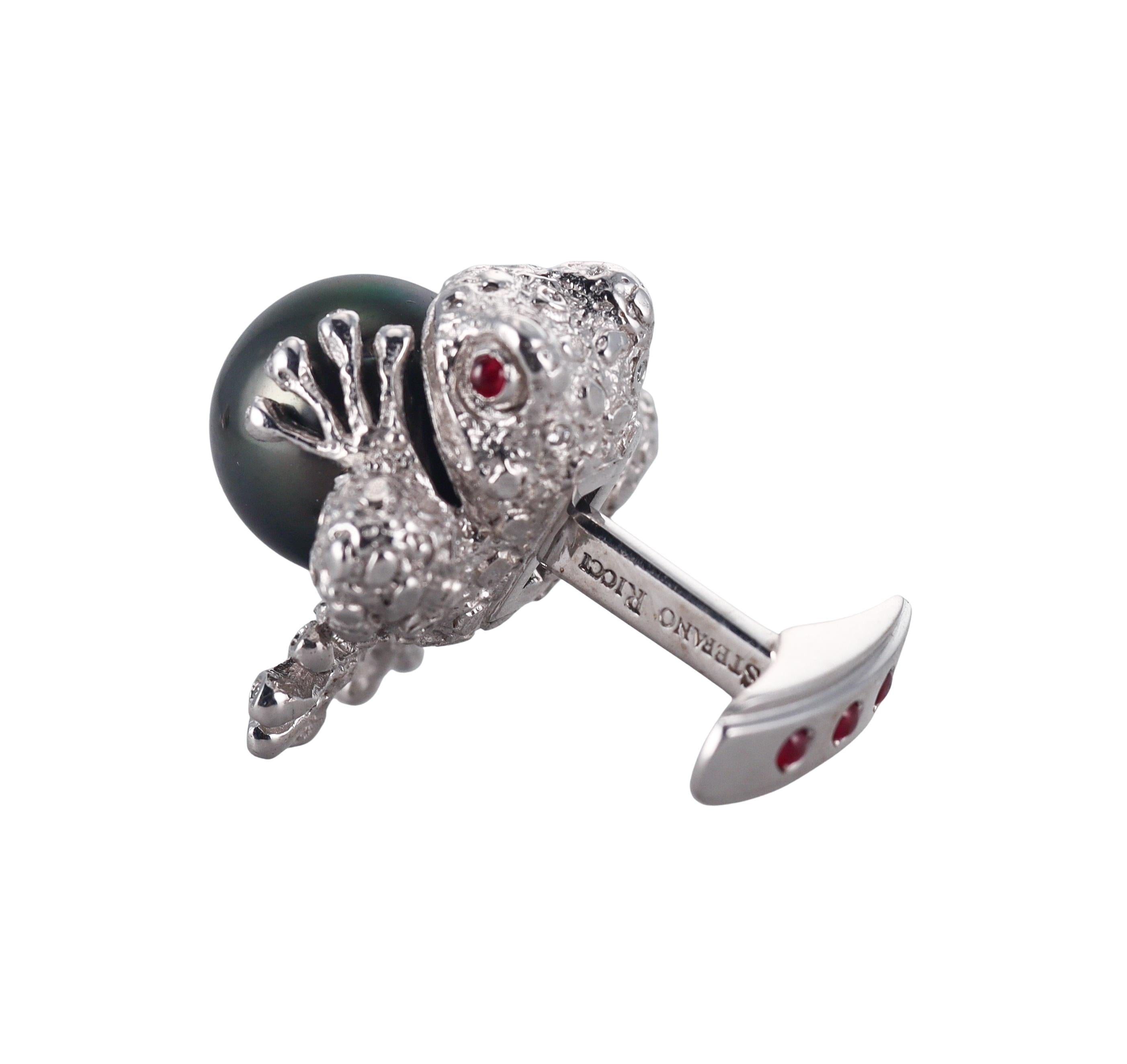 Stefano Ricci Black South Sea Pearl Diamond Ruby Gold Frog Cufflinks