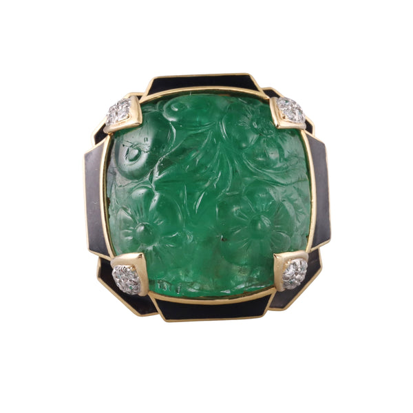 David Webb Carved Emerald Diamond Gold Platinum Ring