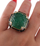 David Webb Carved Emerald Diamond Gold Platinum Ring