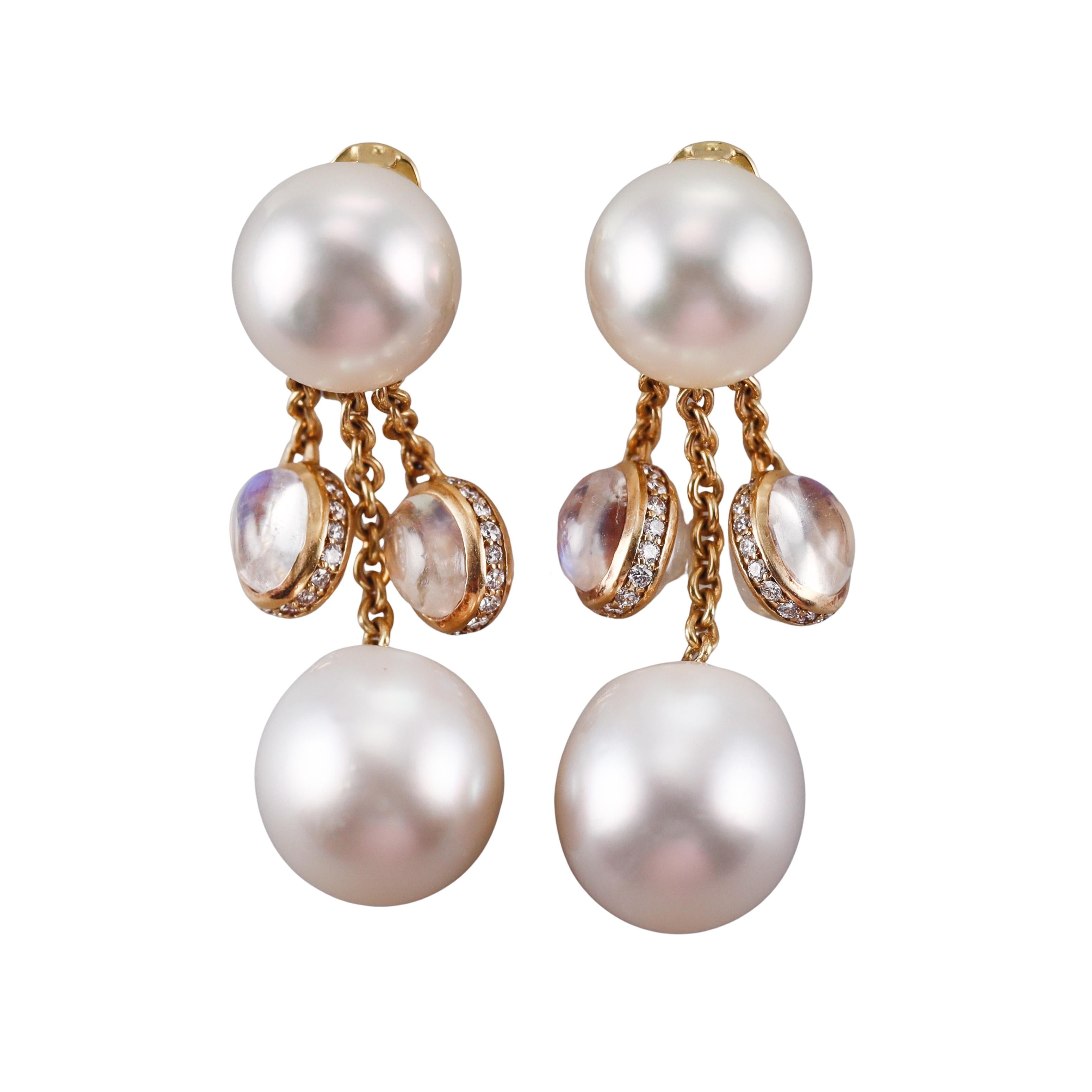 South Sea Pearl Moonstone Diamond Gold Drop Earrings