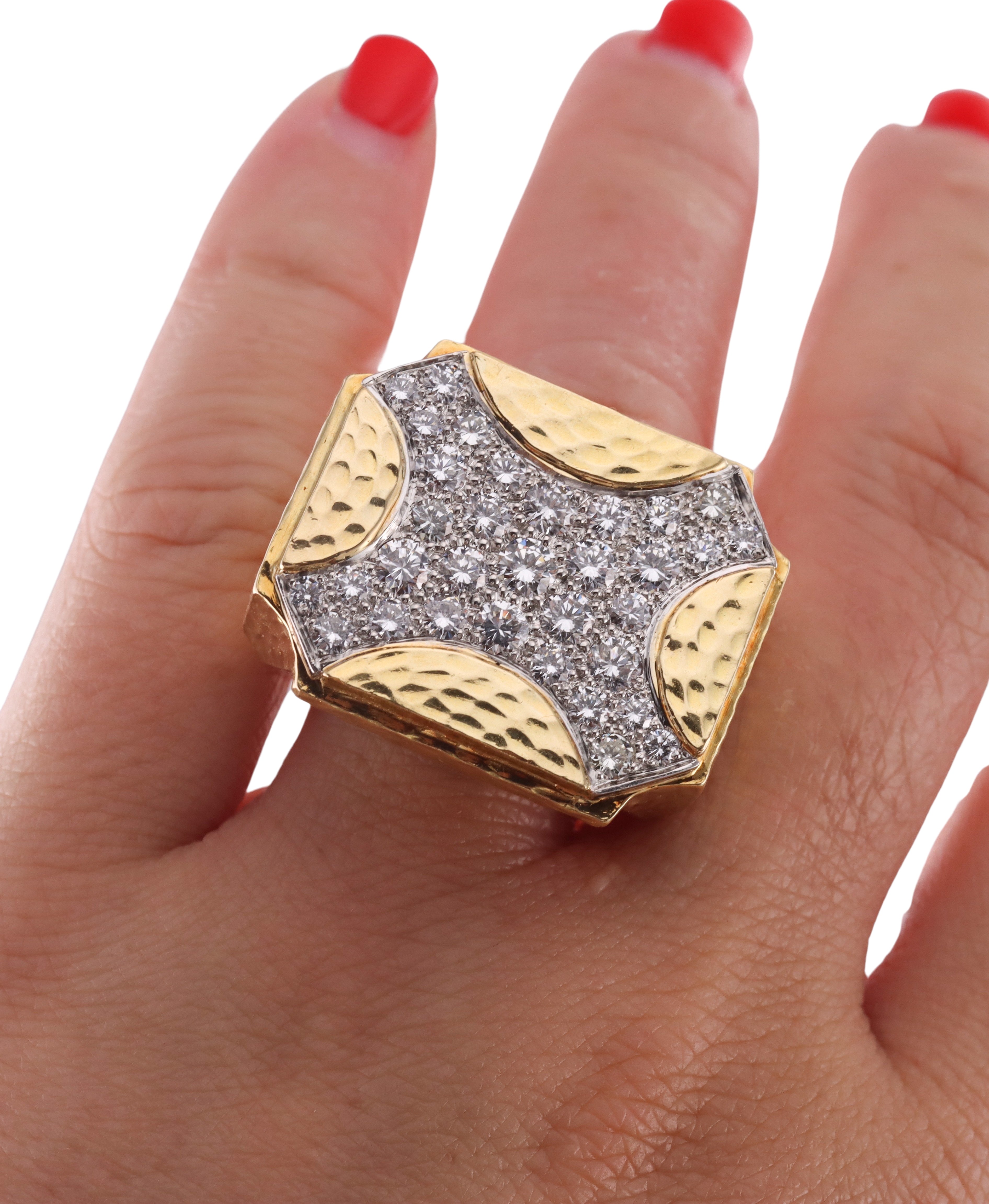 David Webb Diamond Gold Platinum Hammered Ring