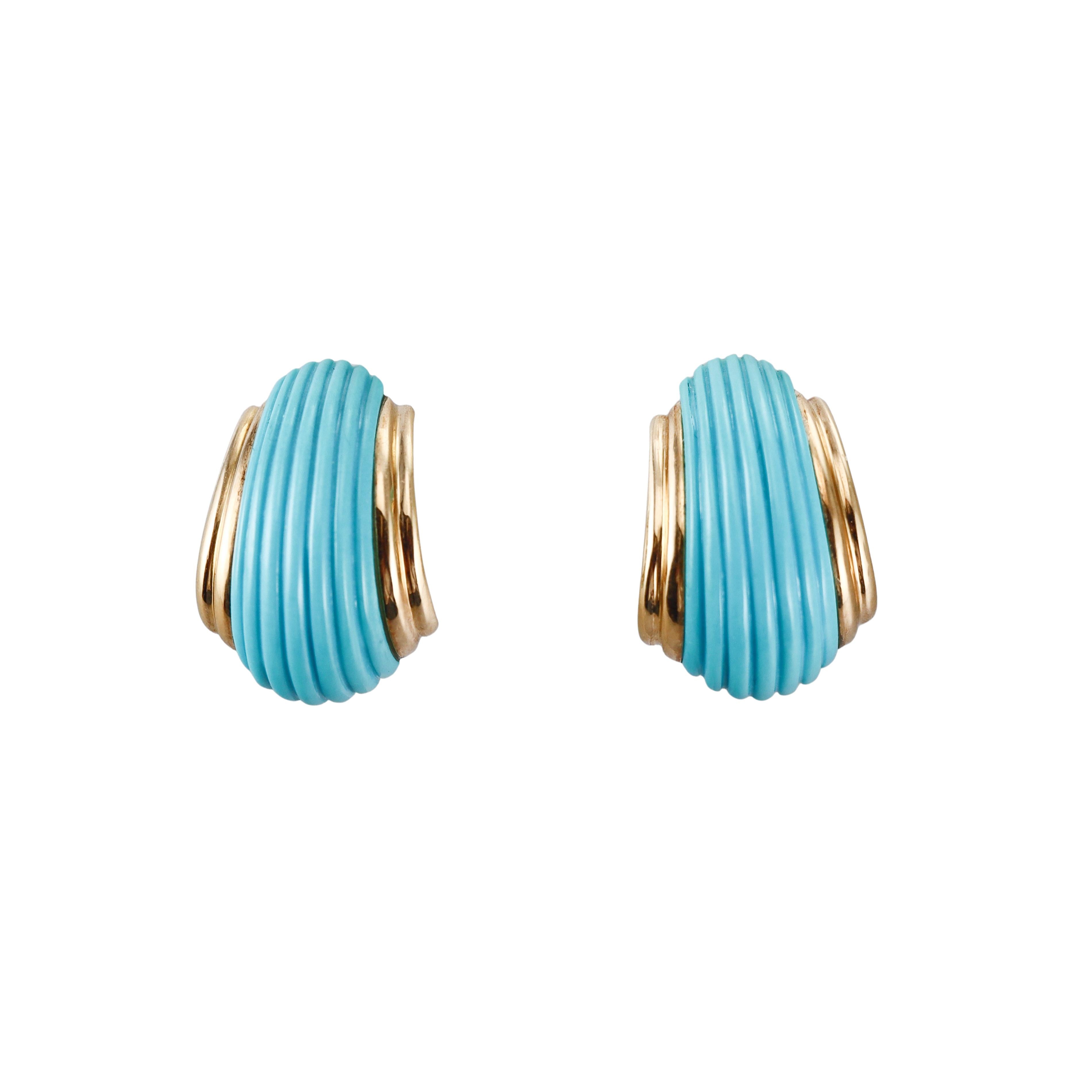 Carved Turquoise Gold Half Hoop Earrings