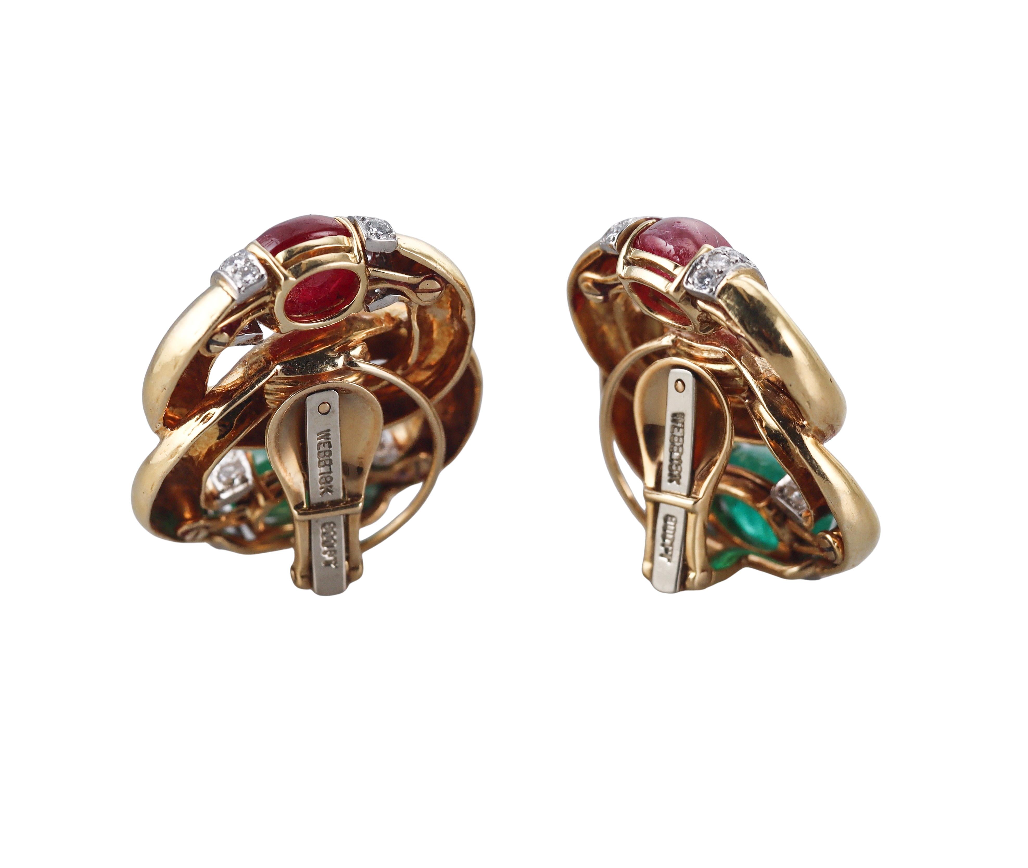 David Webb Emerald Ruby Diamond Gold Platinum Earrings