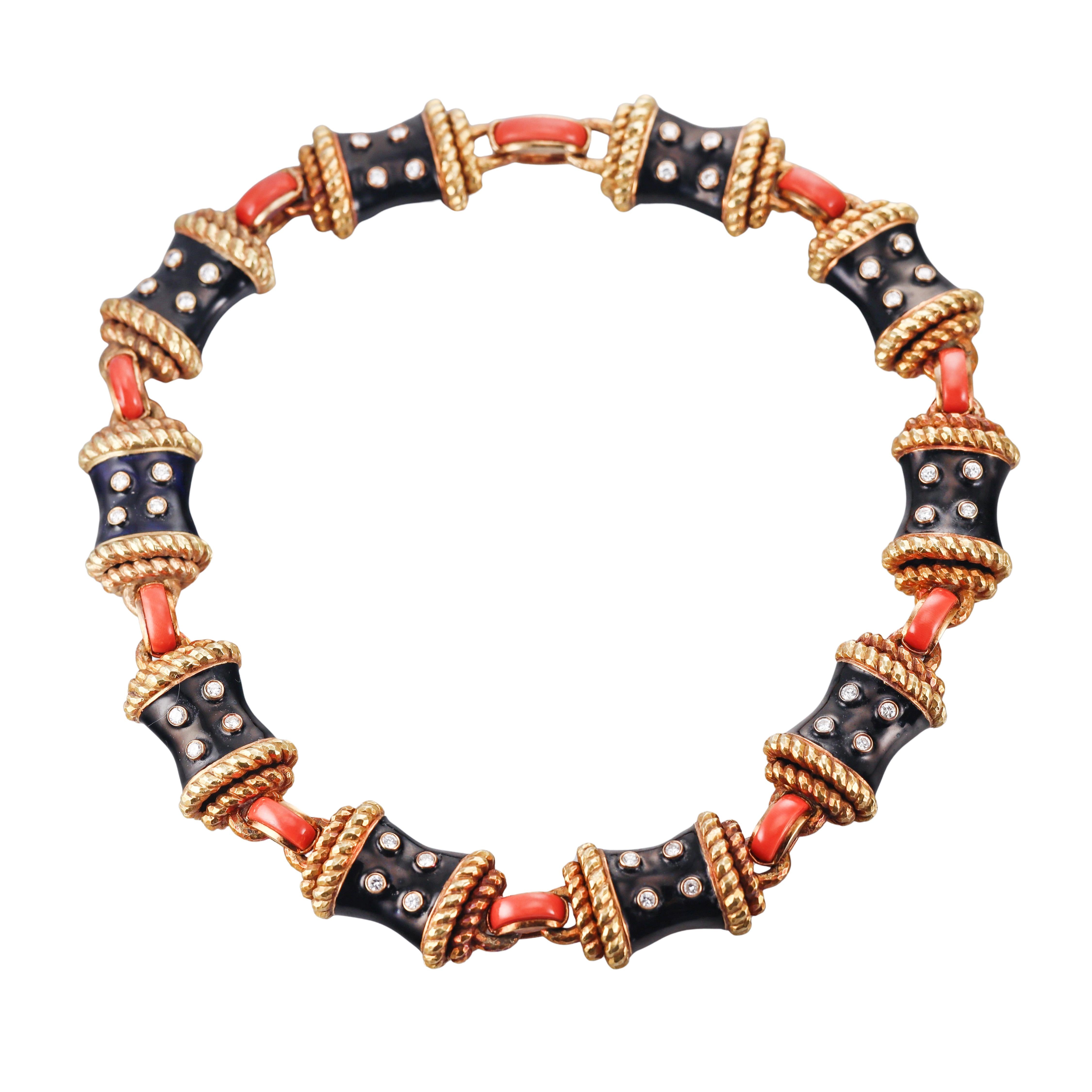 David Webb Diamond Enamel Coral Gold Link Necklace