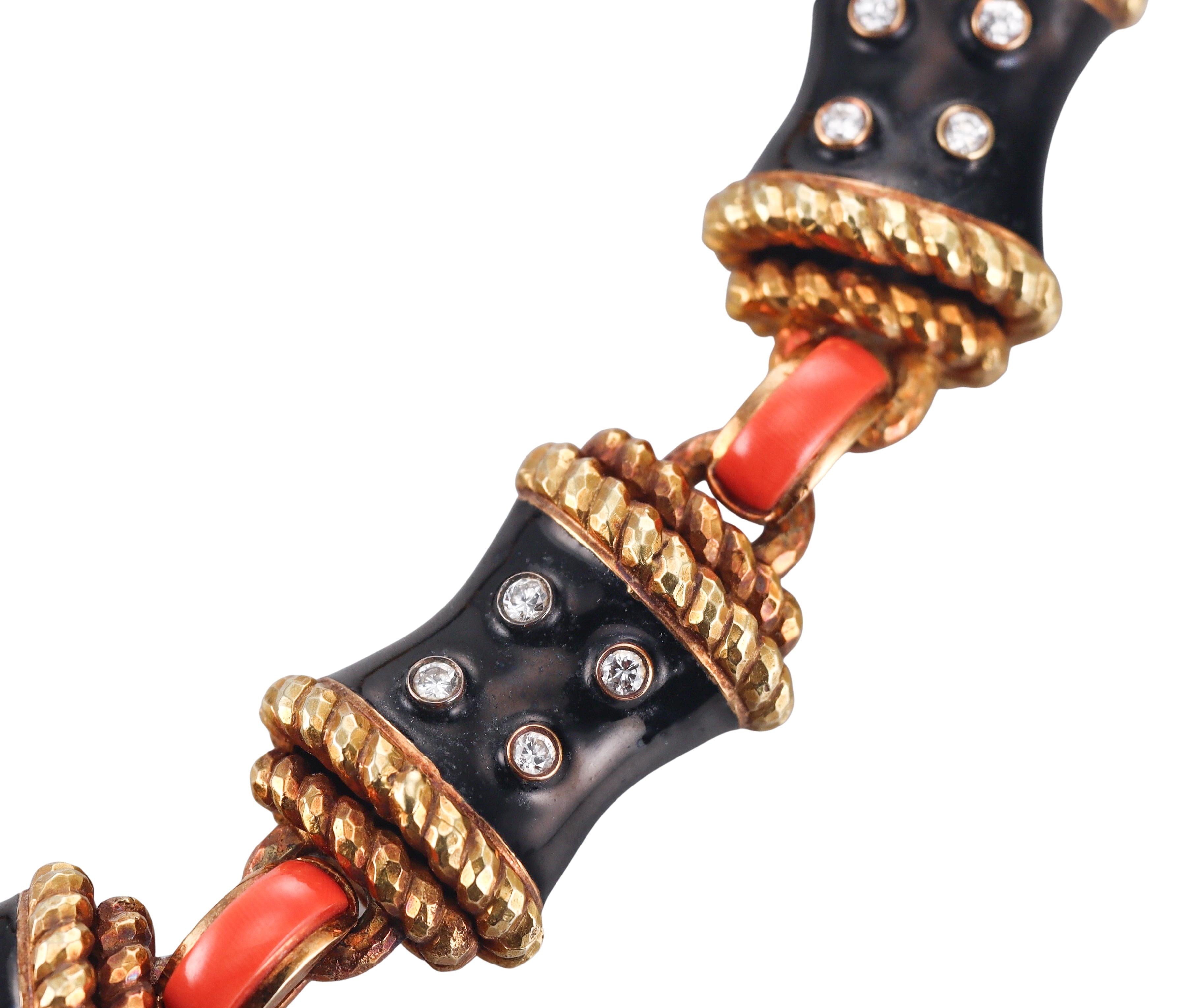 David Webb Diamond Enamel Coral Gold Link Necklace
