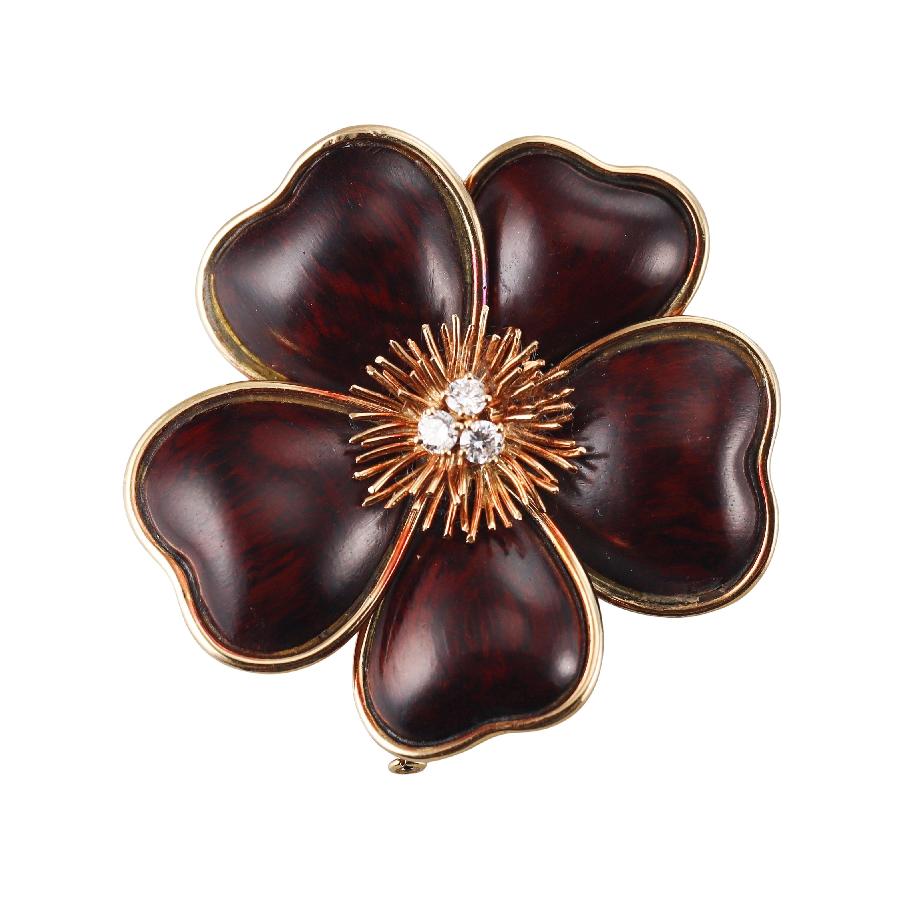 Van Cleef & Arpels Rose de Noel Wood Diamond Gold Brooch
