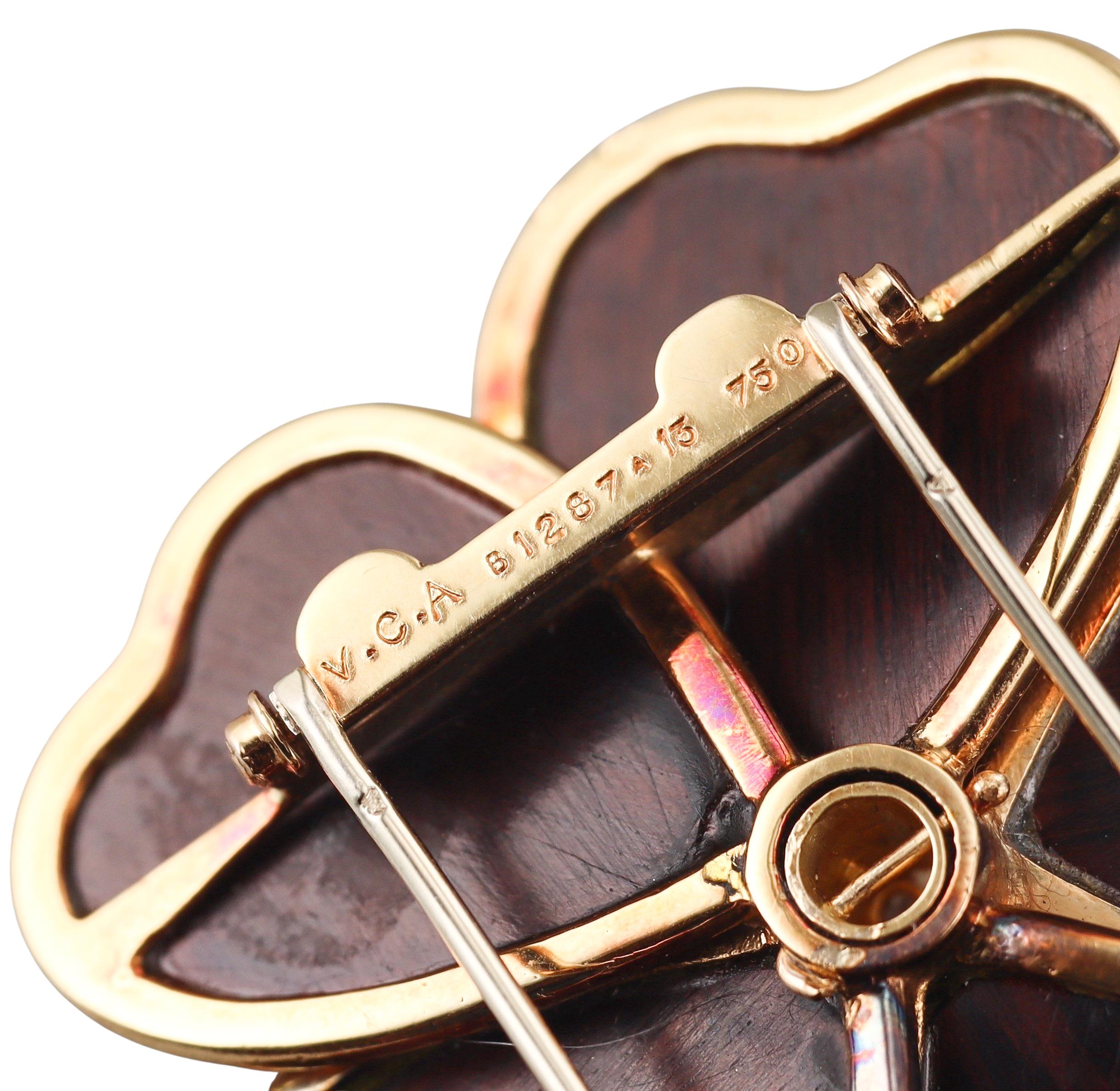 Van Cleef & Arpels Rose de Noel Wood Diamond Gold Brooch
