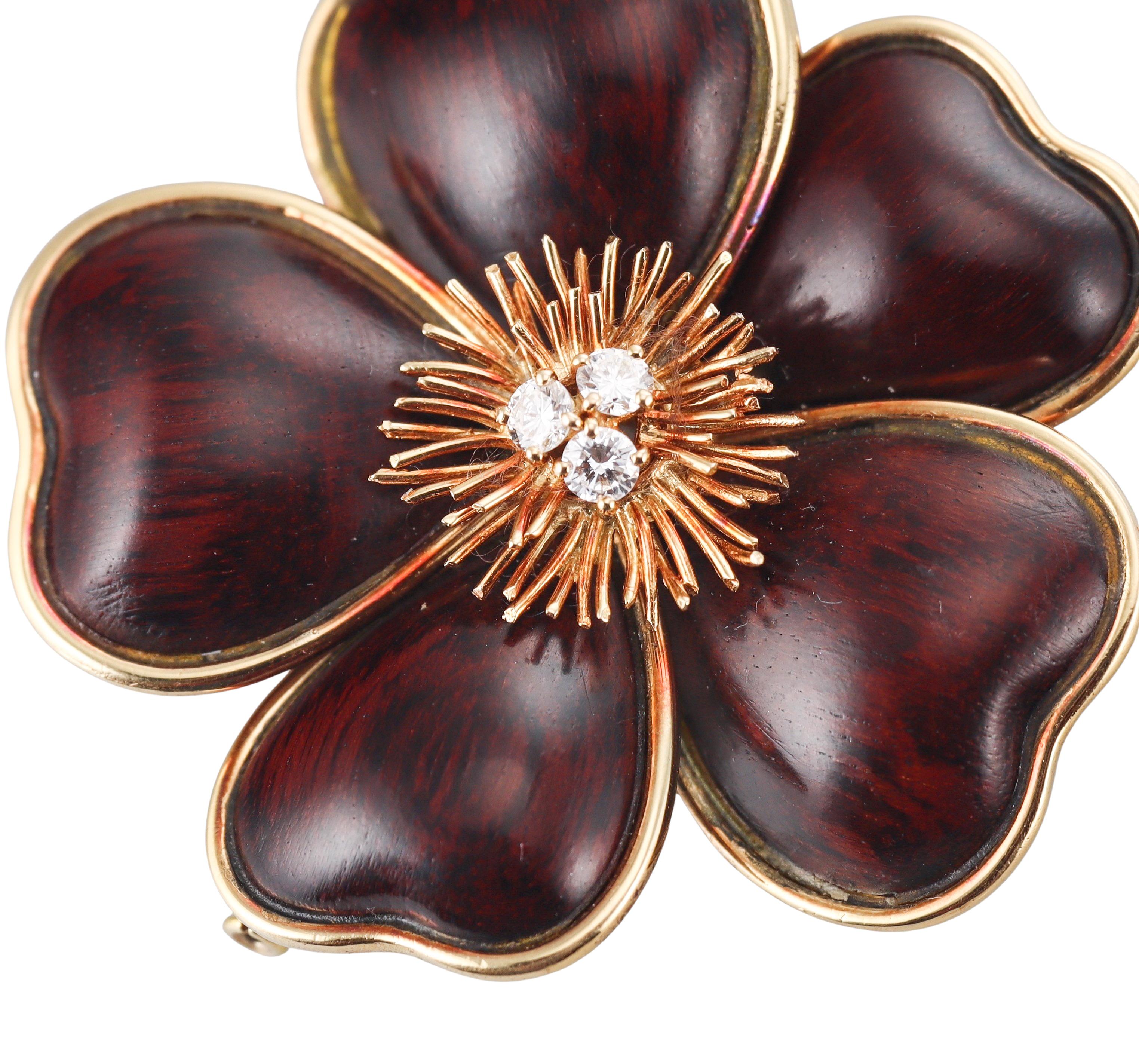 Van Cleef & Arpels Rose de Noel Wood Diamond Gold Brooch