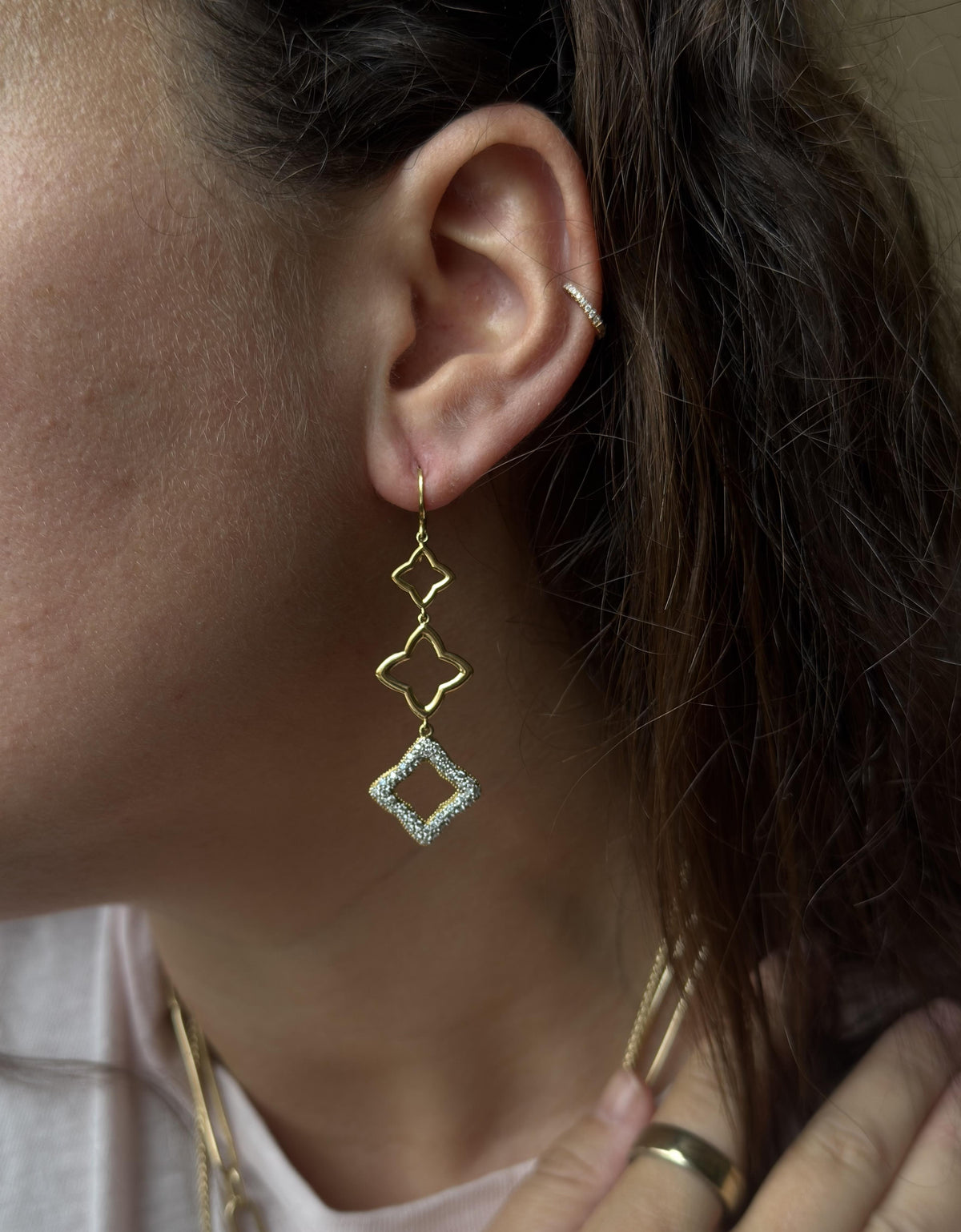 David Yurman Quatrefoil Diamond Gold Triple Drop Earrings