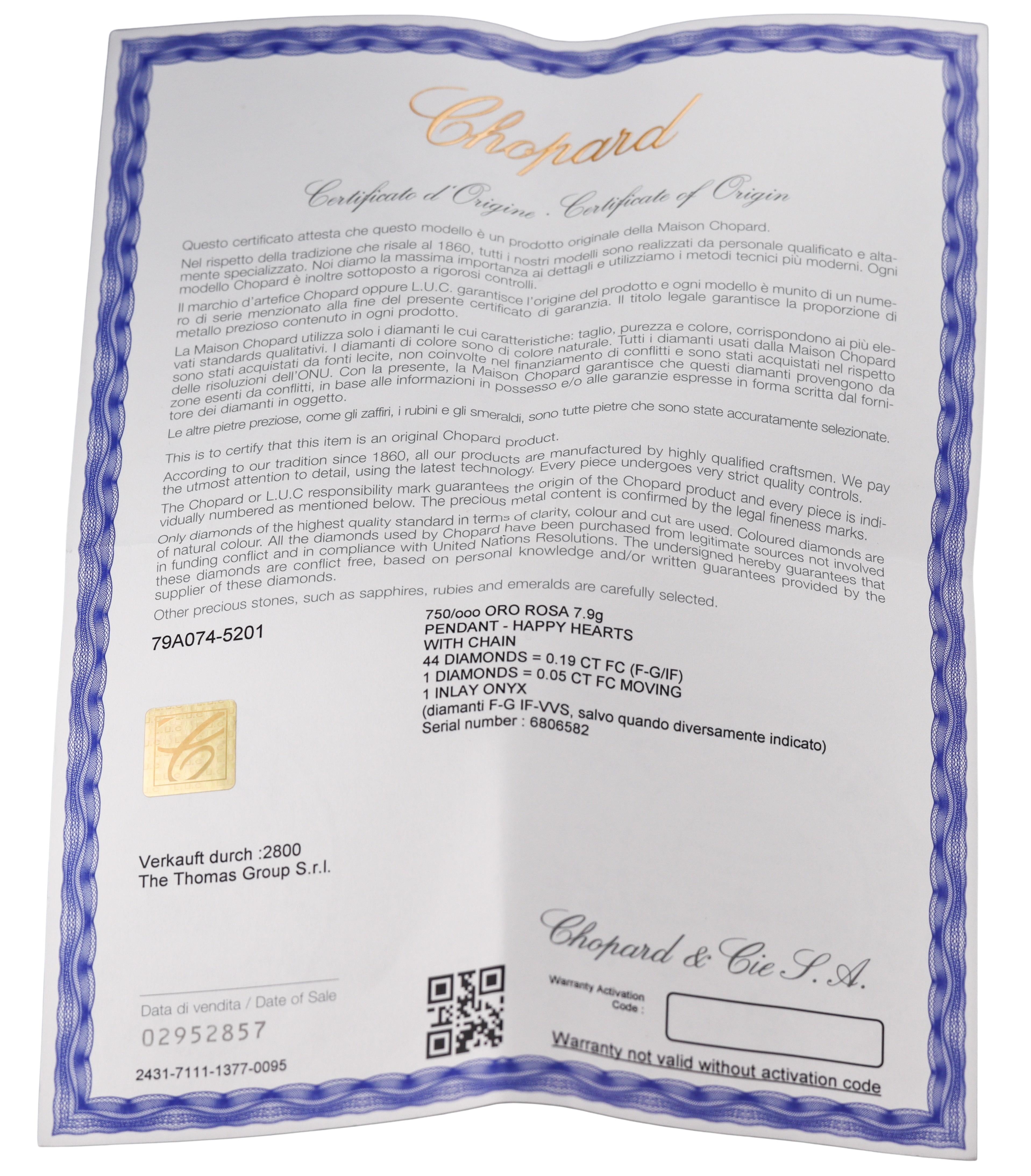 Chopard Happy Hearts Onyx Diamond Gold Pendant Necklace 79A074-5201