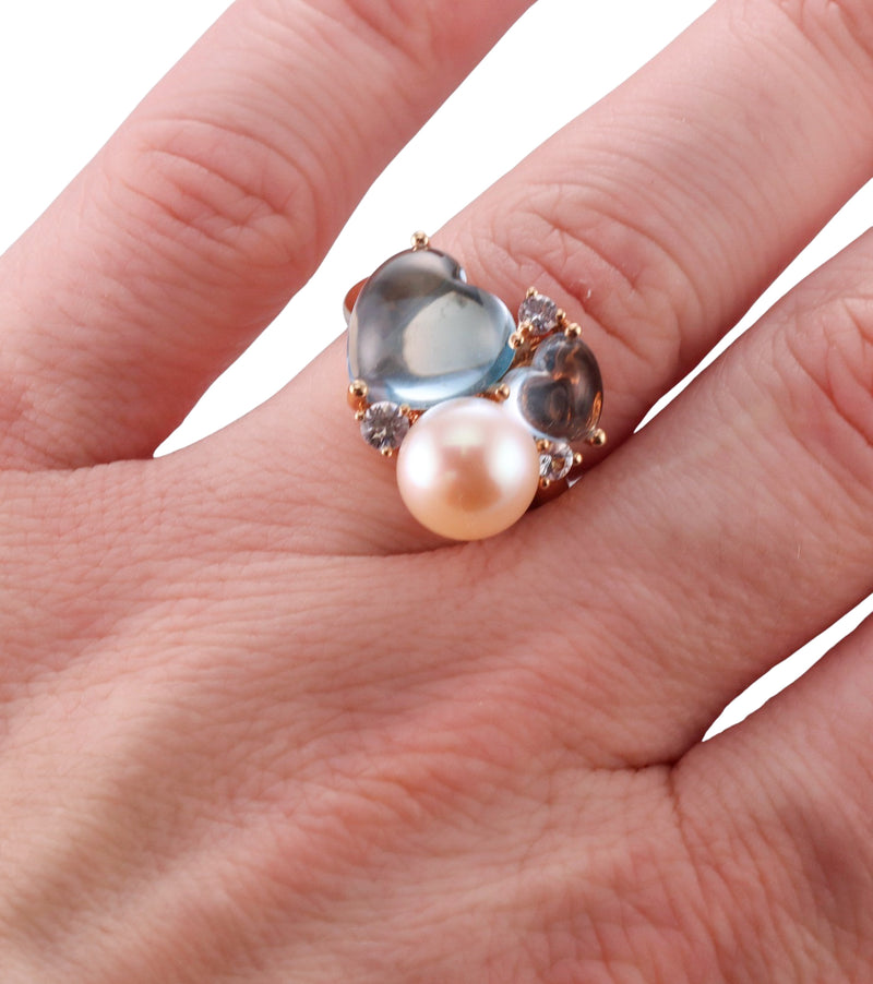 Mimi Milano Gold Sapphire Pearl Blue Topaz Cocktail Ring