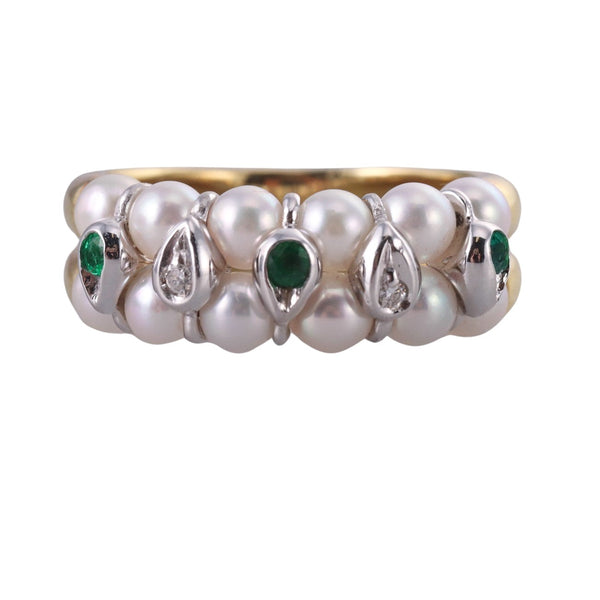 Mikawa Italian Gold Diamond Pearl Emerald Ring