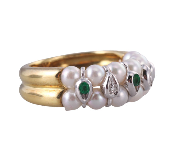 Mikawa Italian Gold Diamond Pearl Emerald Ring