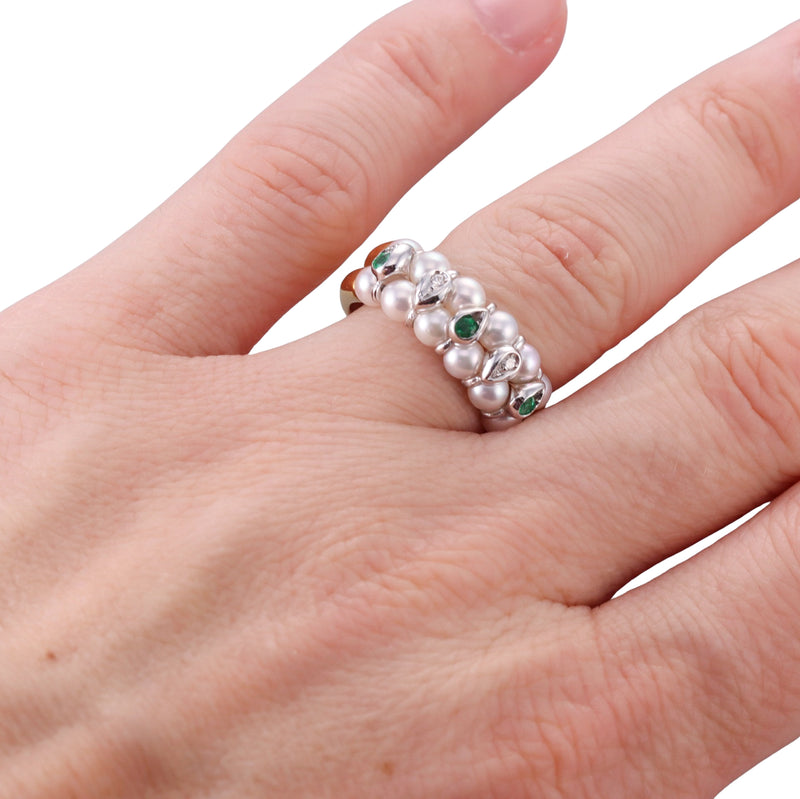 Mikawa for Damiani Italian Gold Diamond Pearl Emerald Ring