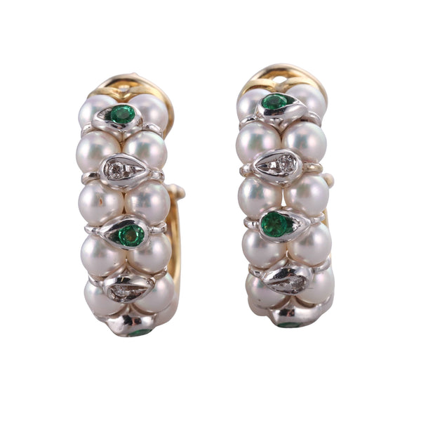 Italian Mikawa Gold Diamond Emerald Pearl Hoop Earrings