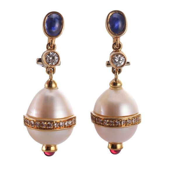 Italian Modern Gold Diamond Ruby Sapphire Pearl Drop Earrings