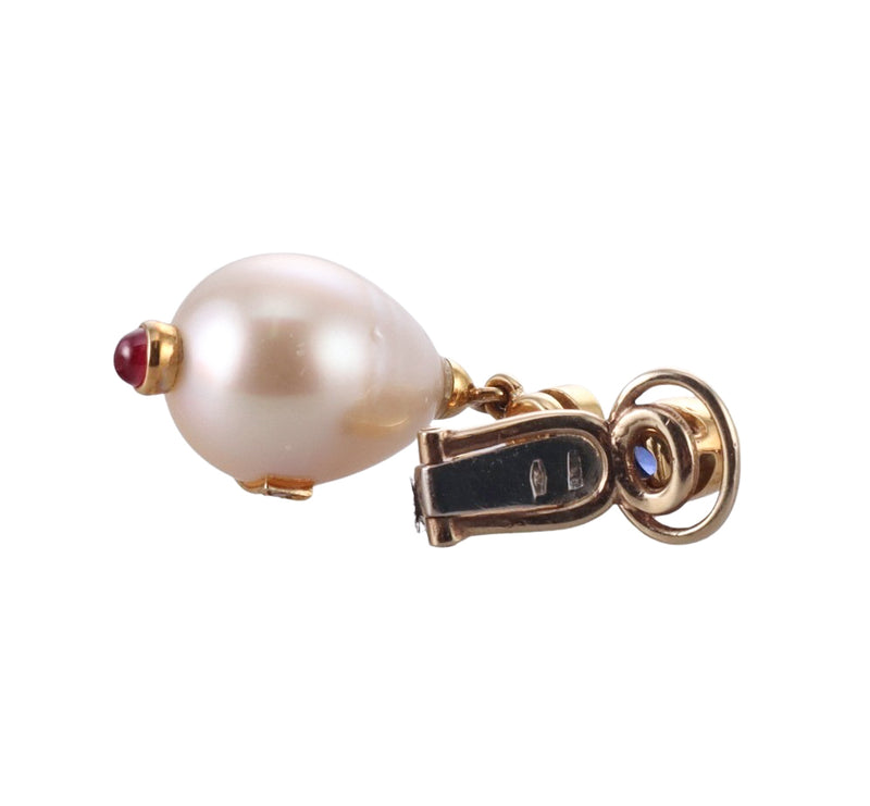Italian Modern Gold Diamond Ruby Sapphire Pearl Drop Earrings